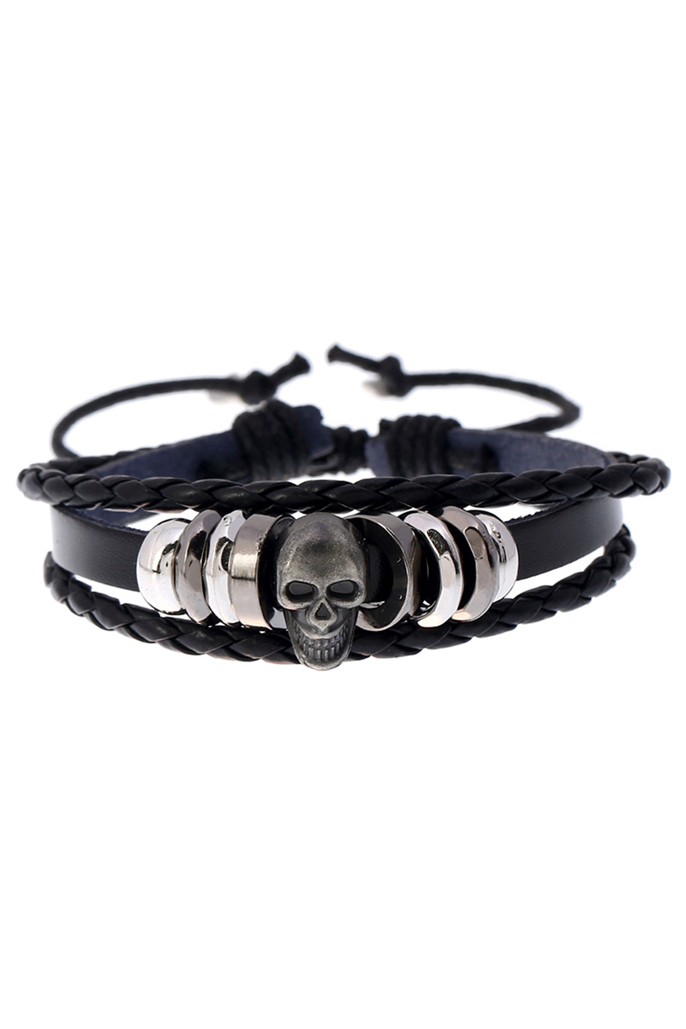 Pulsera de cuero trenzado con calavera punk B3766