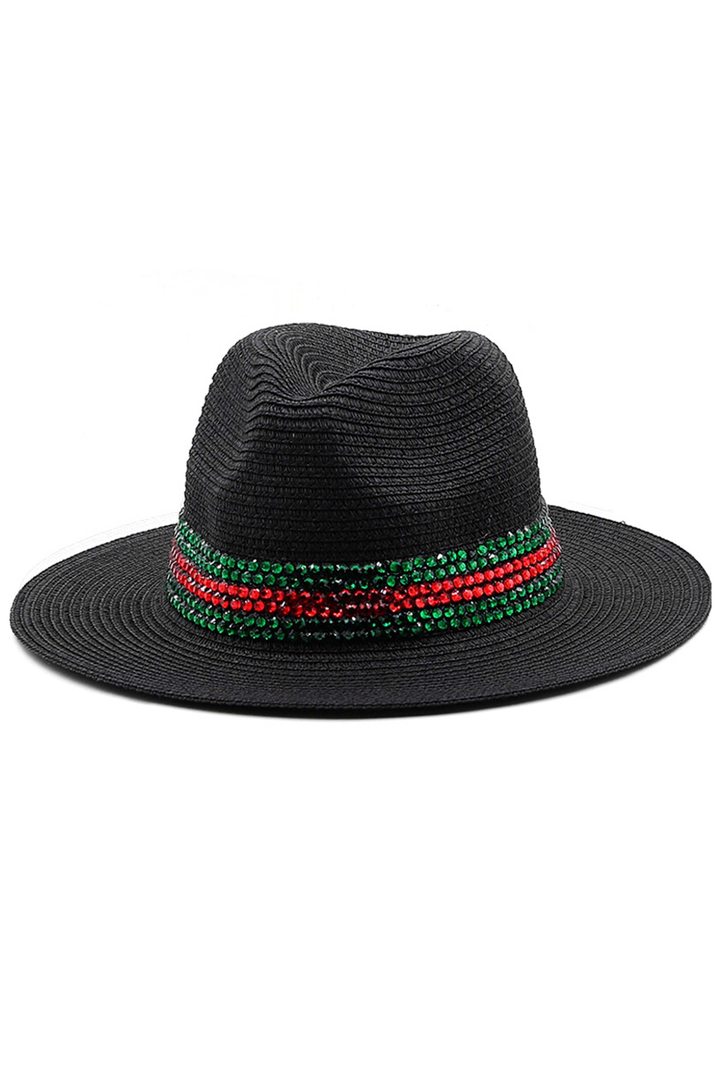 Striped Rhinestone Straw Cap C0534