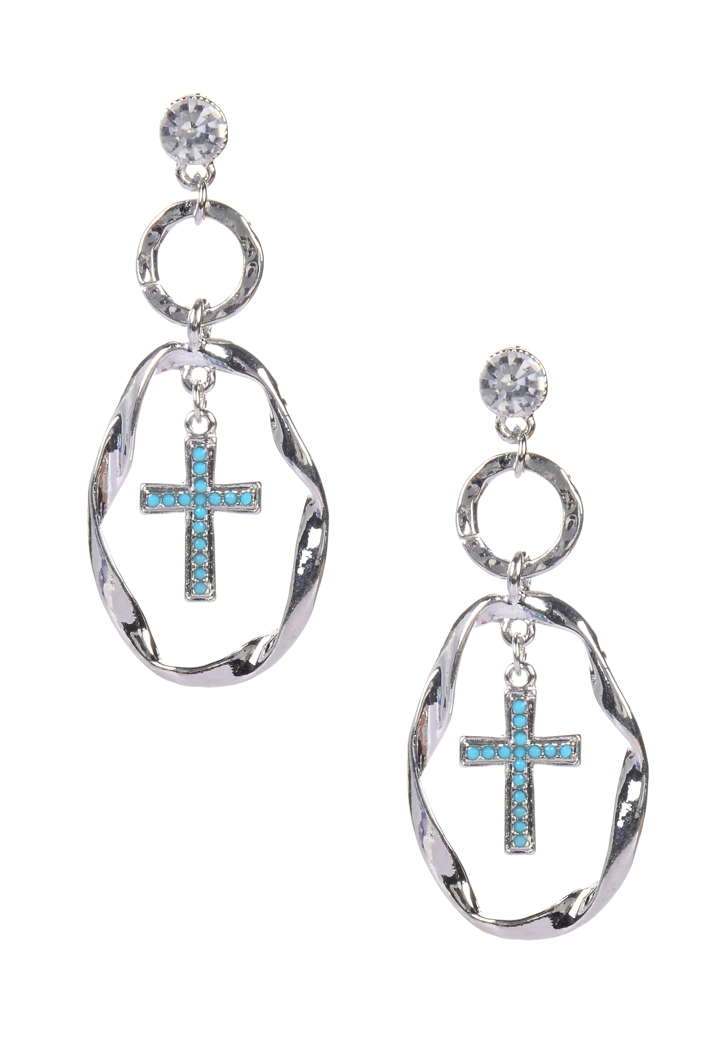 Fashion Blue Crystals Cross Circles Stud Earrings E1597