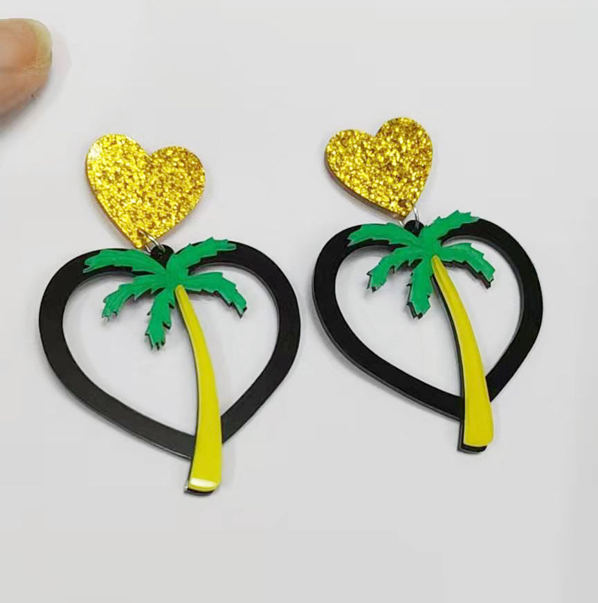 Heart Coconut Tree Acrylic Earrings E3933