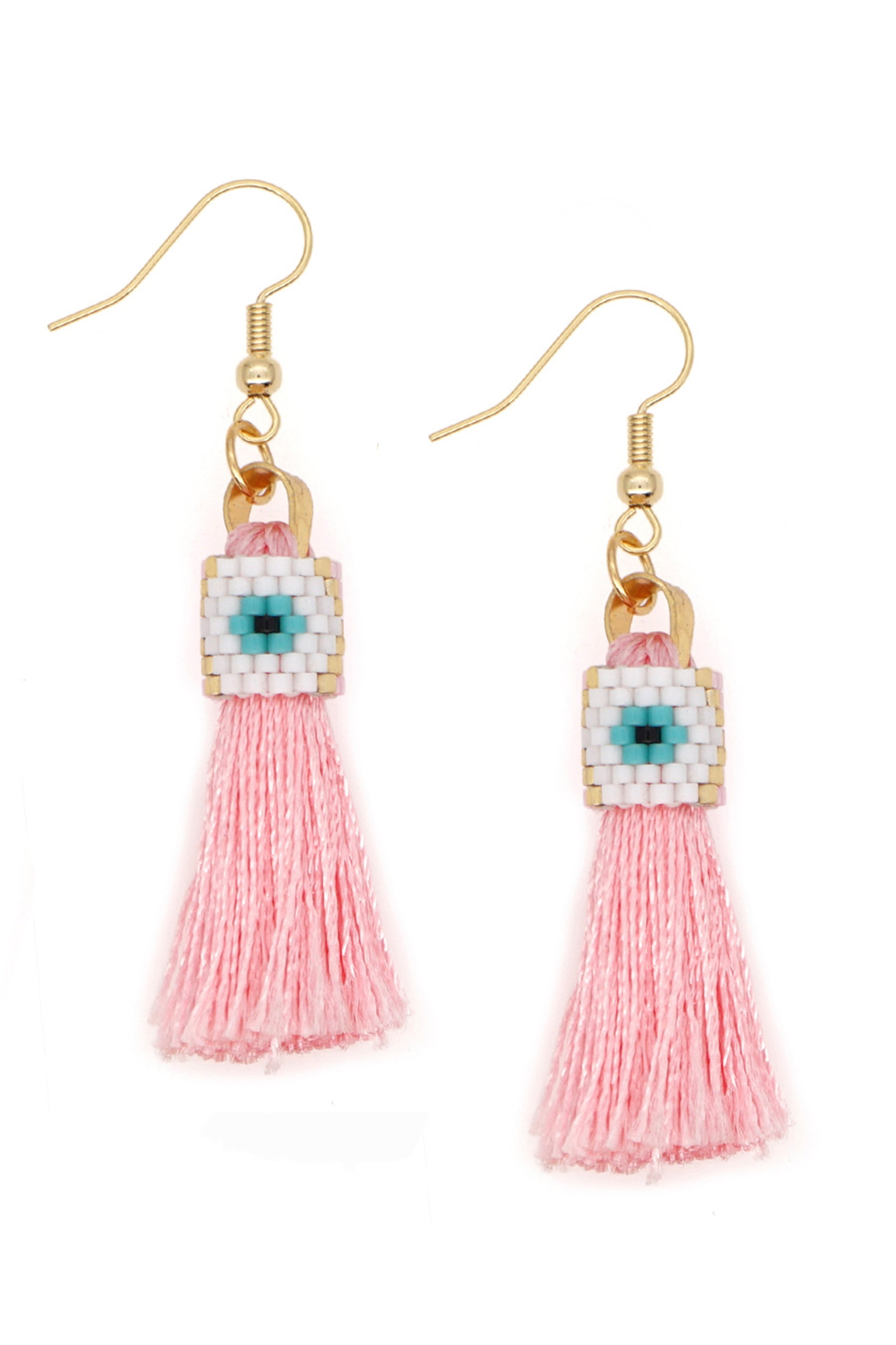 Pendientes de borlas con cuentas de semillas y ojo malvado E4442