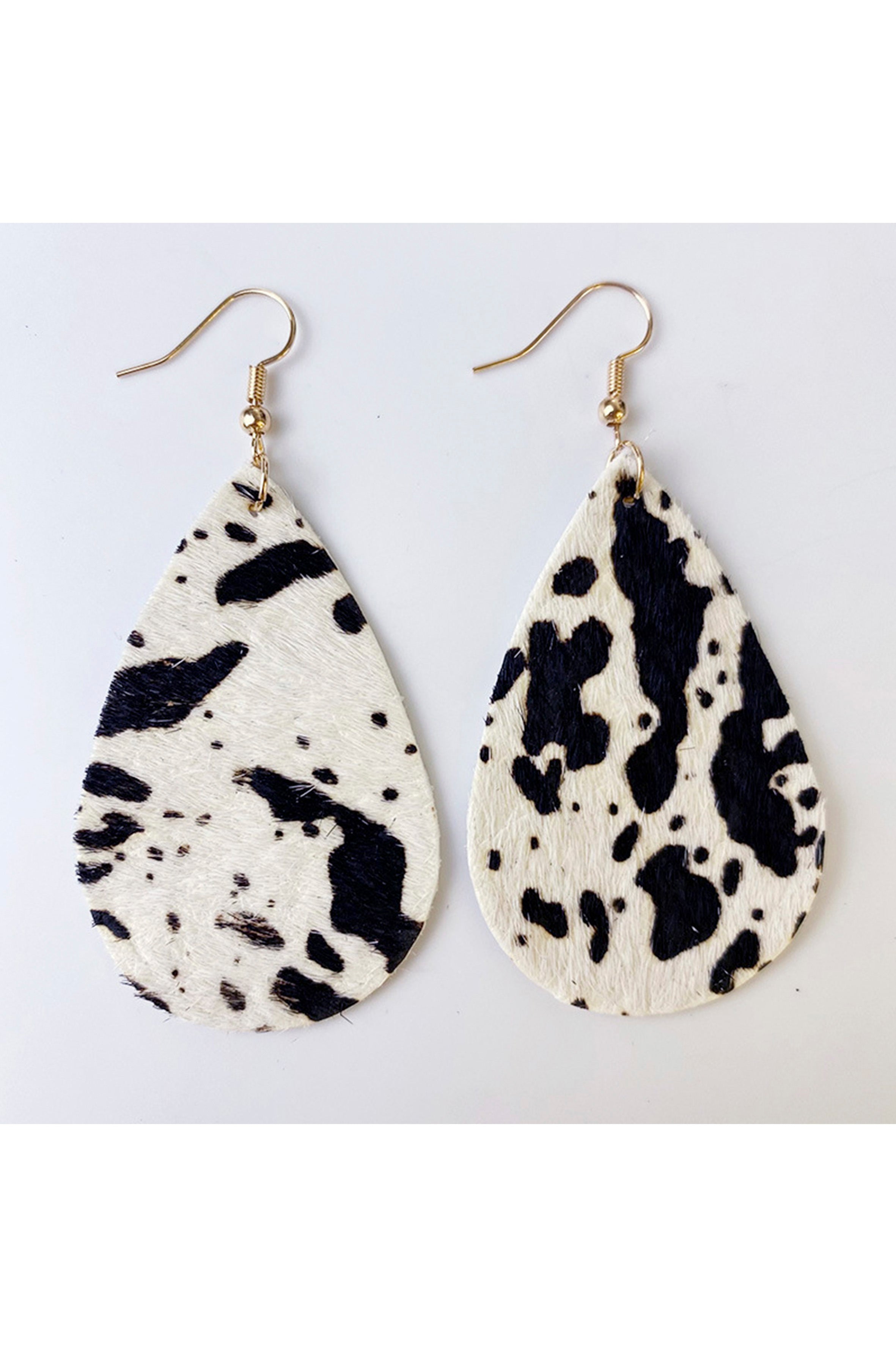 Pendientes de piel de vaca con forma de gota de té y estampado animal E6552