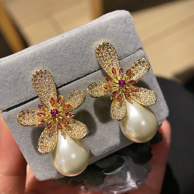 Flower Pearl Cubic Zirconia Earrings E6775 Ole