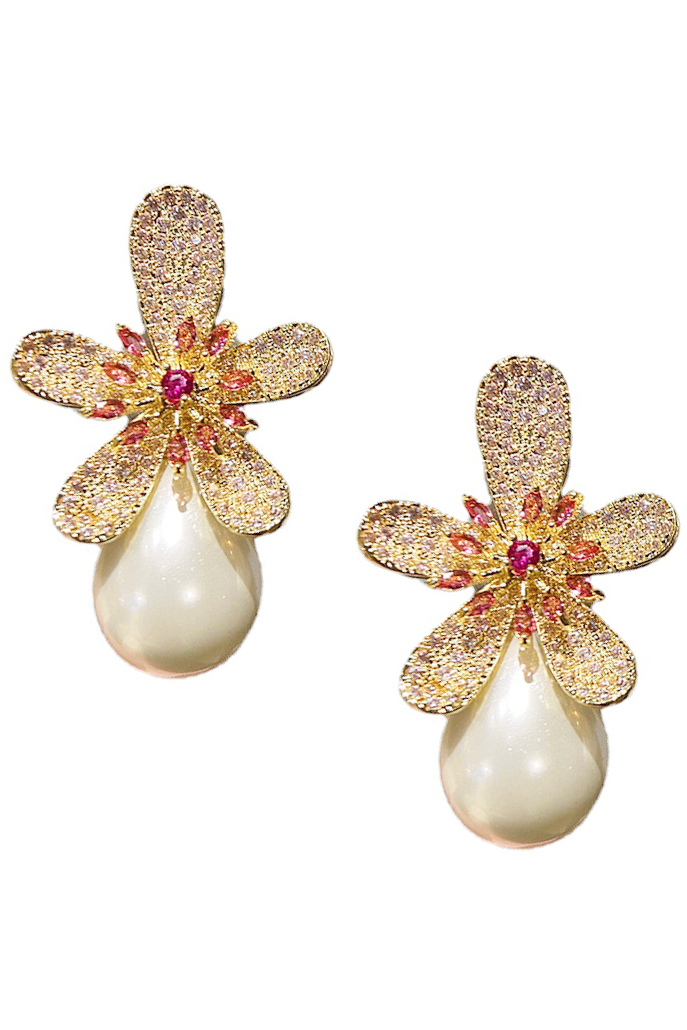 Pendientes de circonita cúbica con perlas y flores E6775