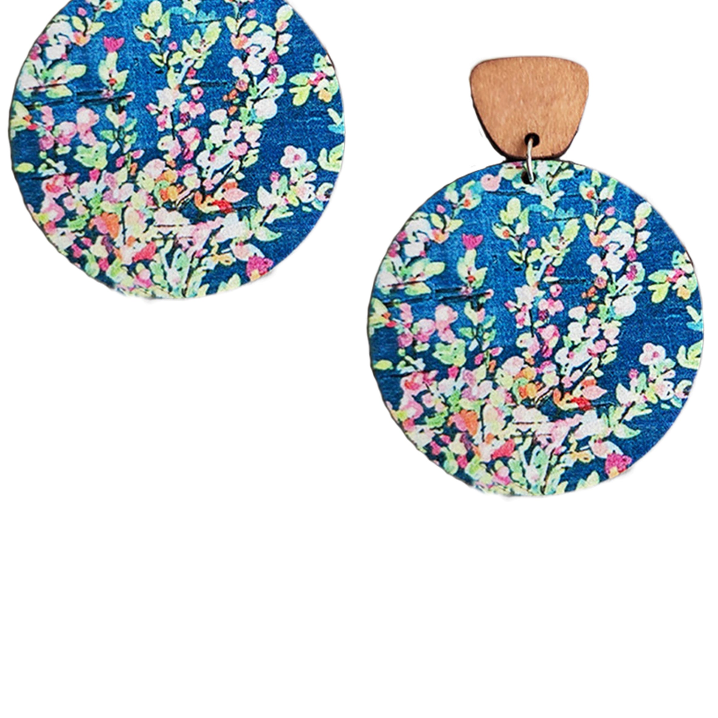 Circle Floral Printed Wooden Earrings E6846