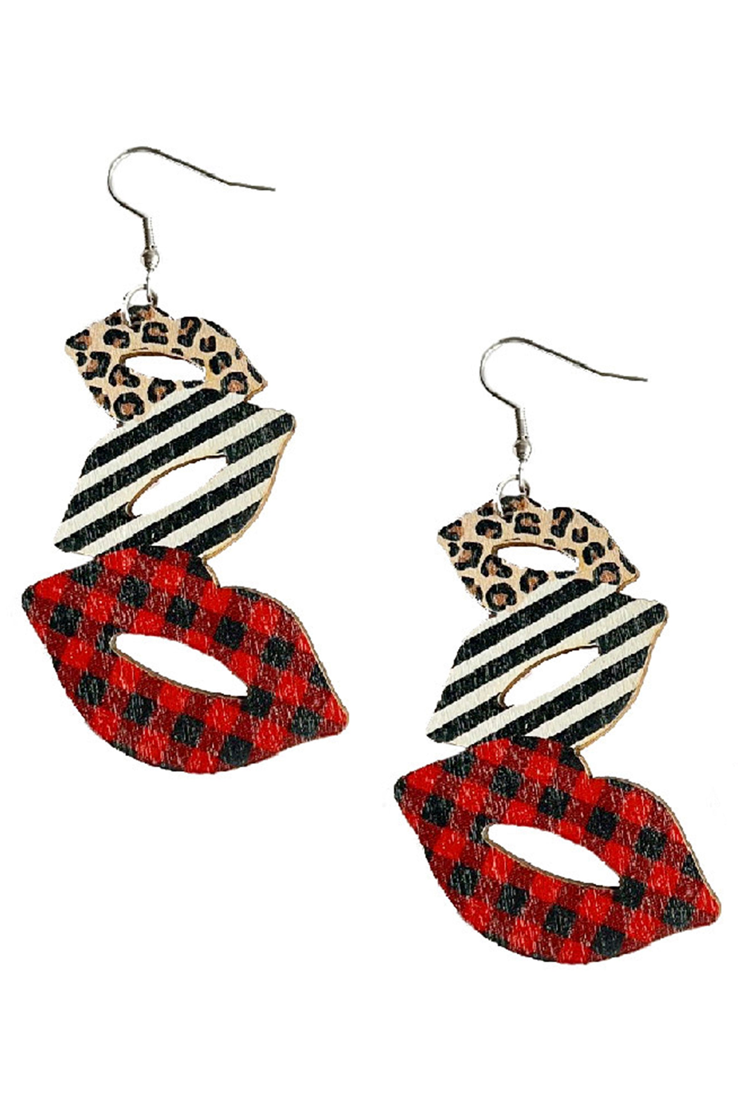 Printed Lips Chain Wooden Earrings E7277