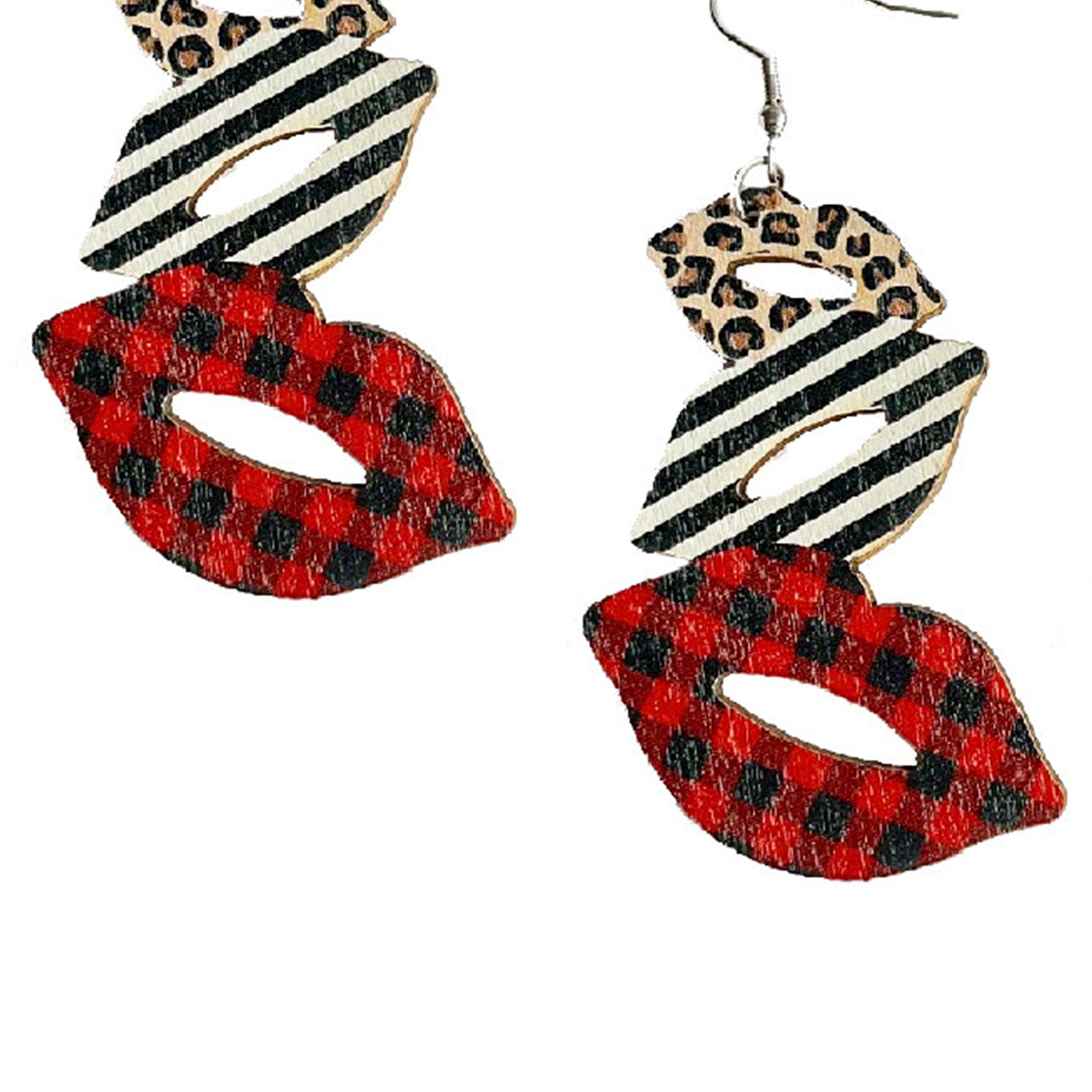 Printed Lips Chain Wooden Earrings E7277