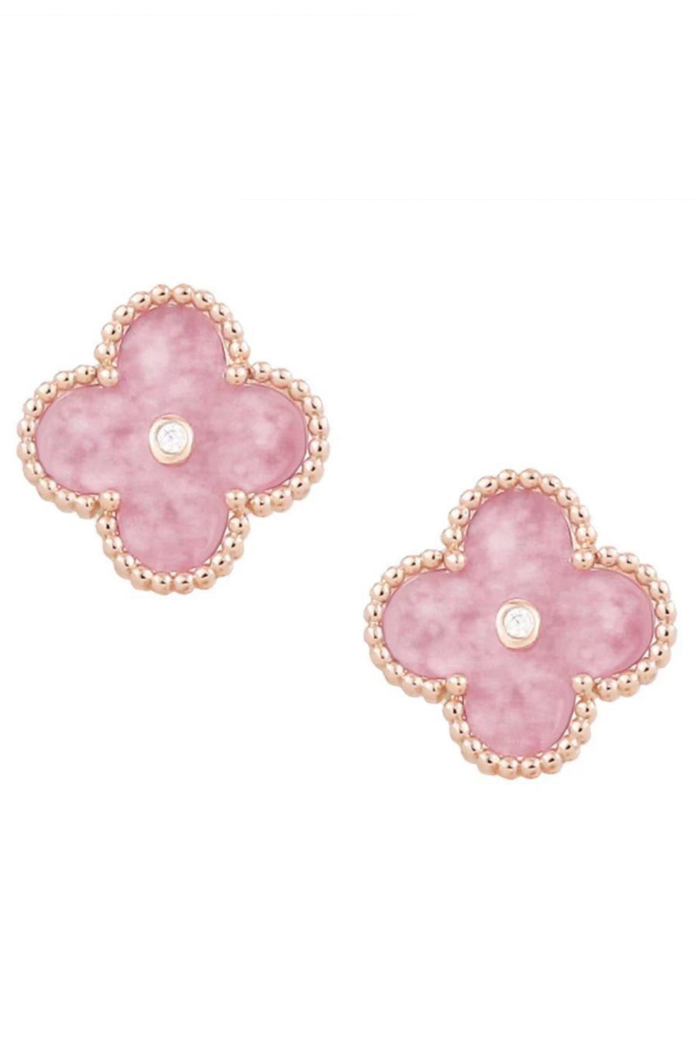 Pendientes de botón con piedra celadón y trébol E7345