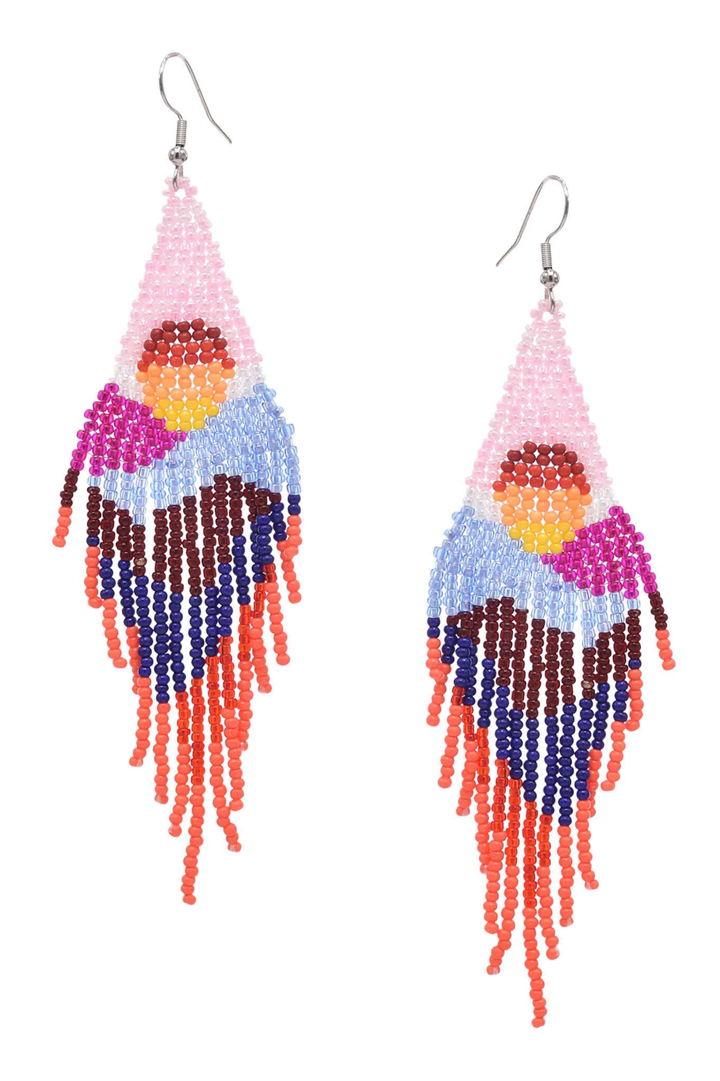 Pendientes con borlas y cuentas de semillas con diseño geométrico E7406