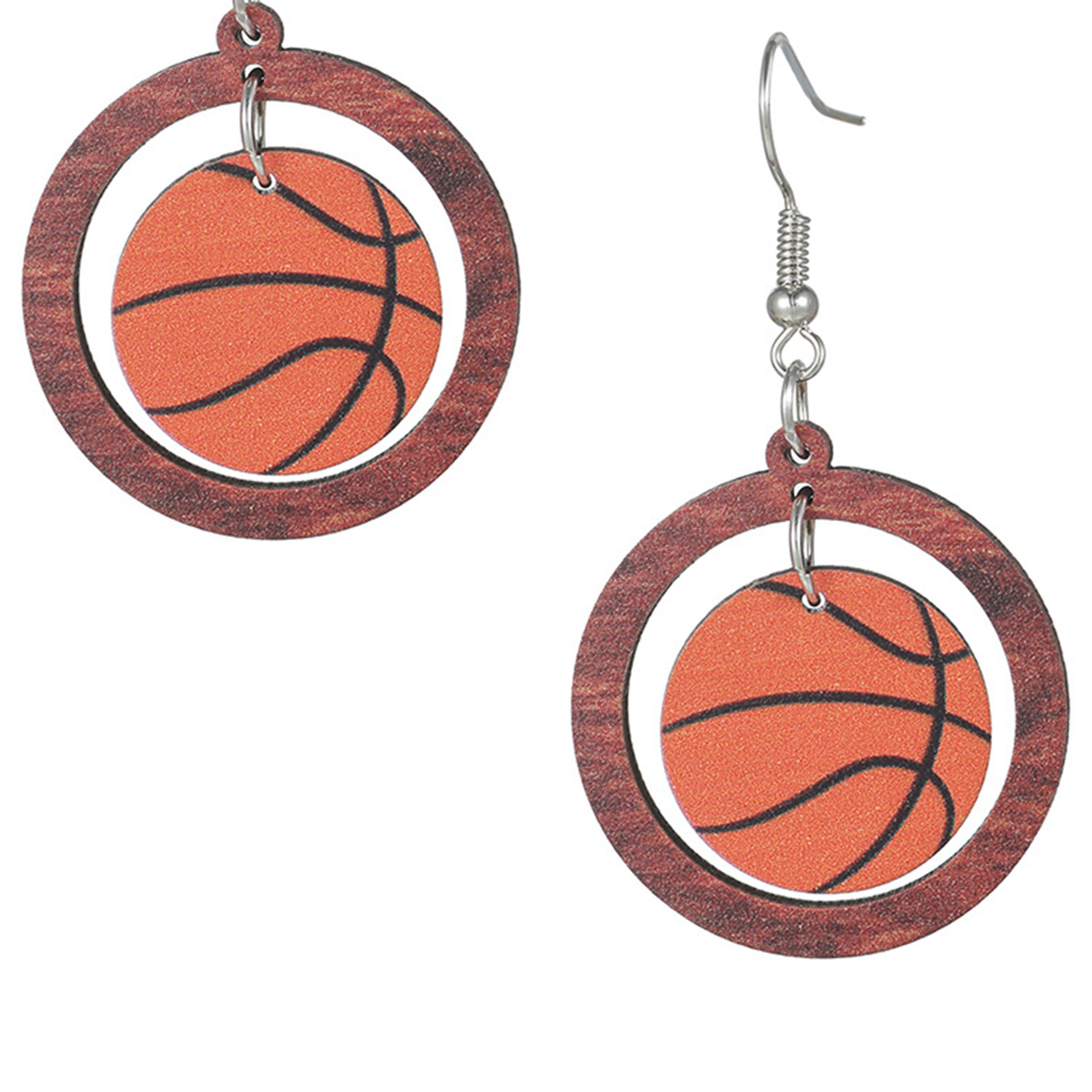 Basketball Circle Wooden Earrings E7497