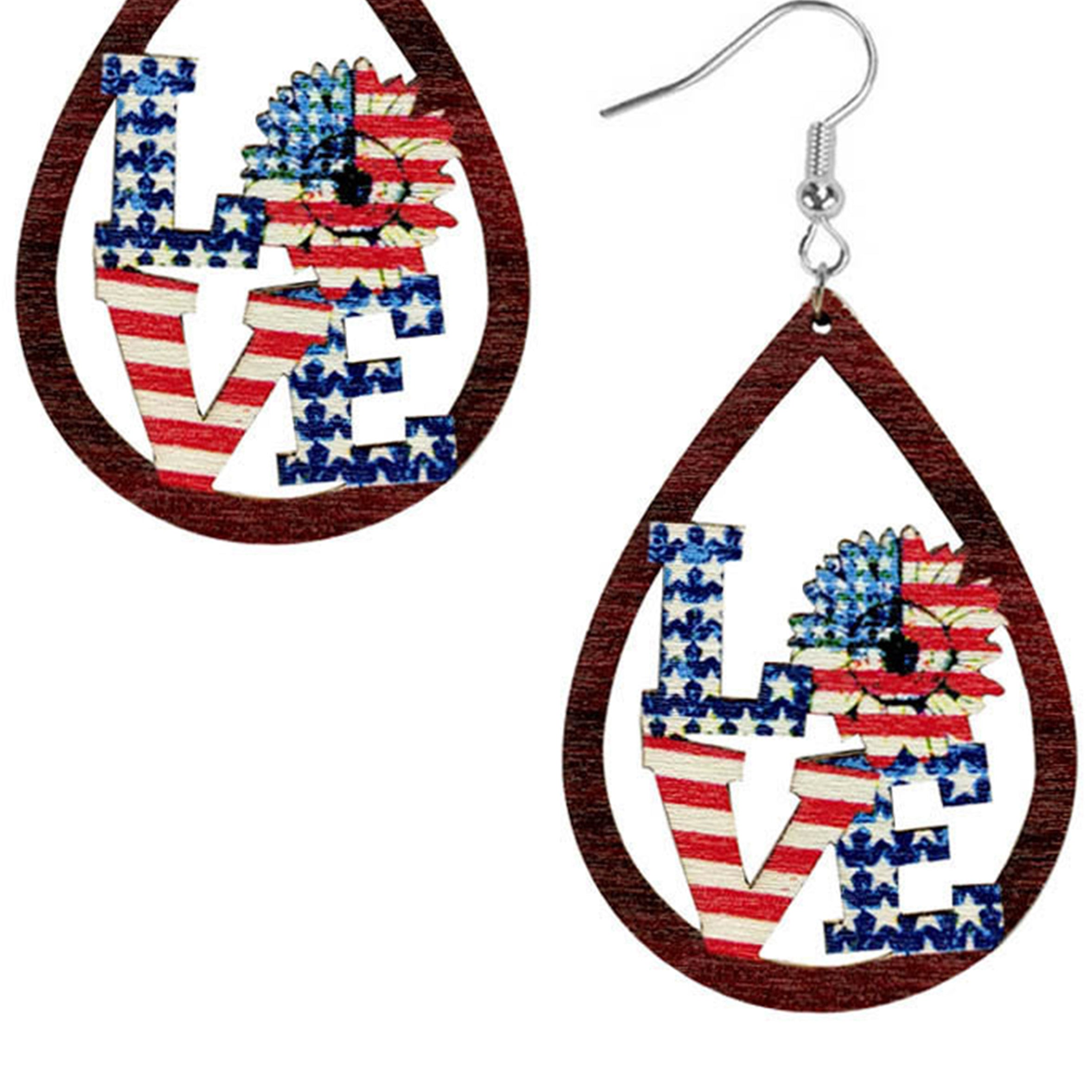LOVE Teardrop American Flag Wooden Earrings E7634