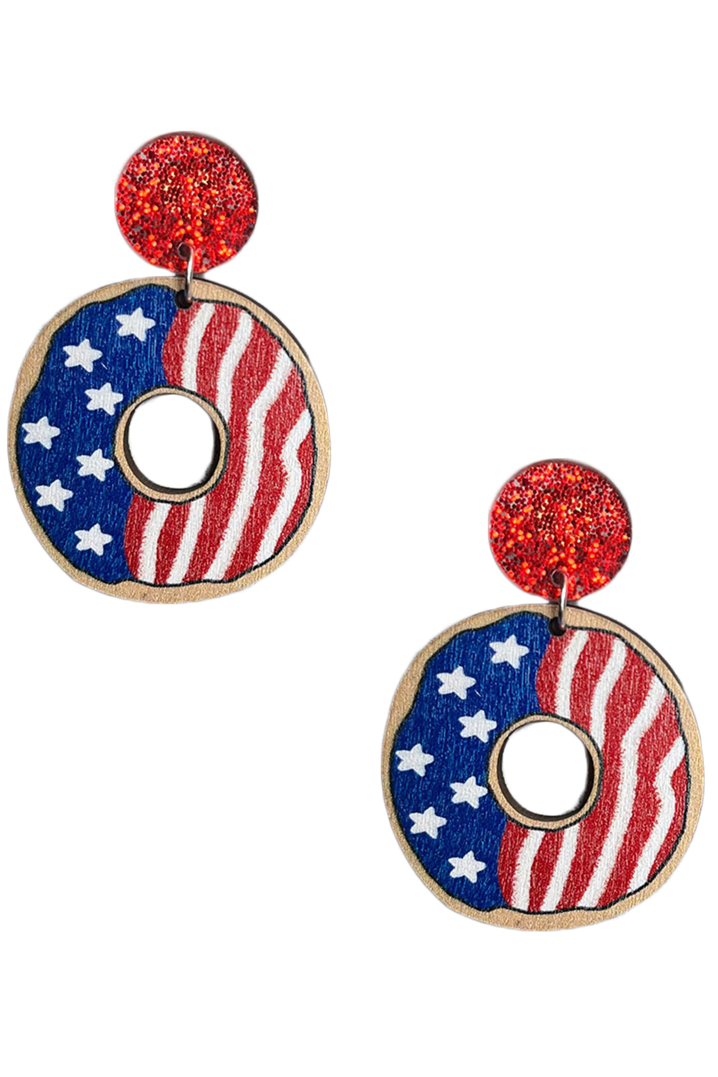 Pendientes de madera con forma de donut y bandera estadounidense E7768