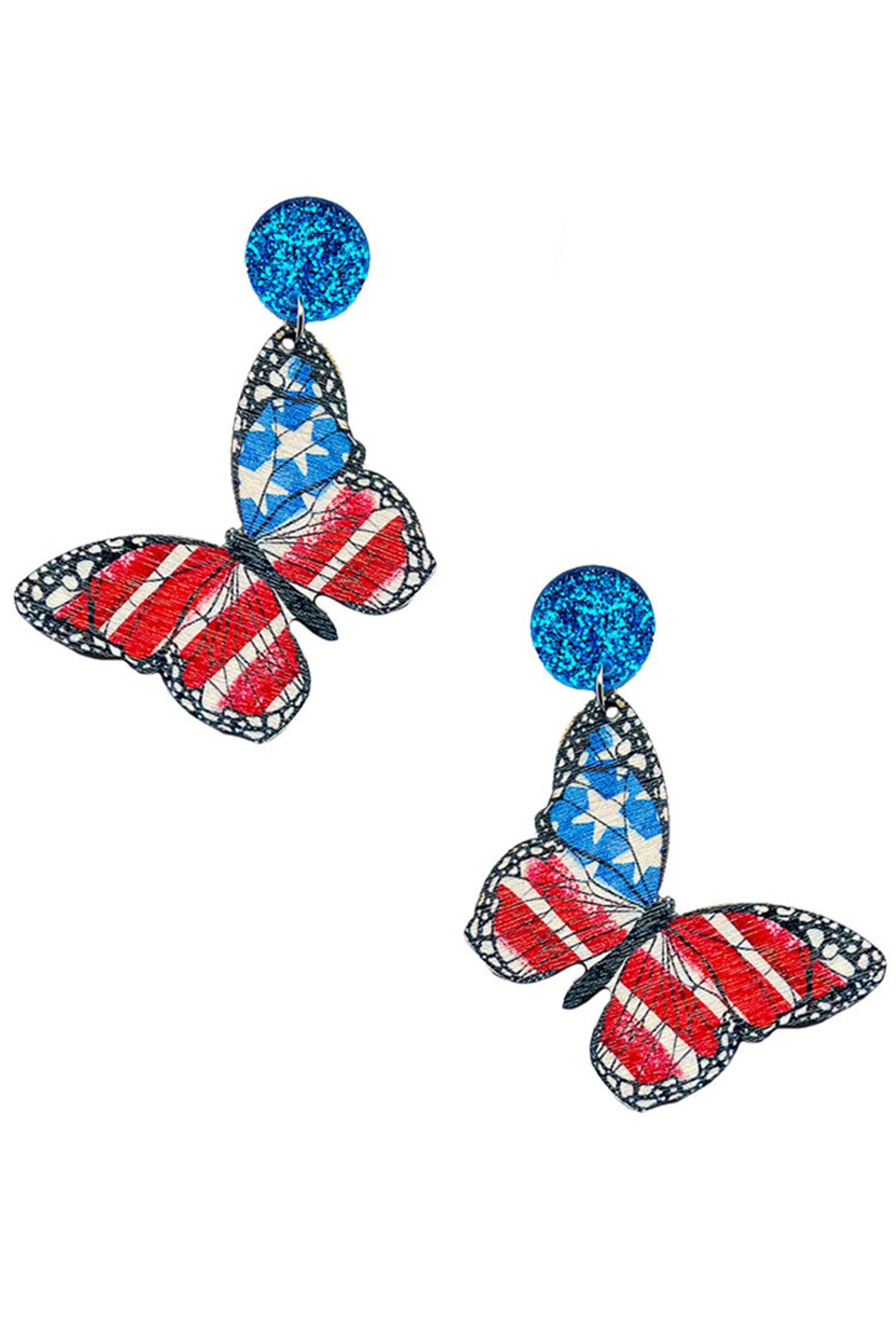 Pendientes de madera con forma de mariposa y bandera estadounidense E7770