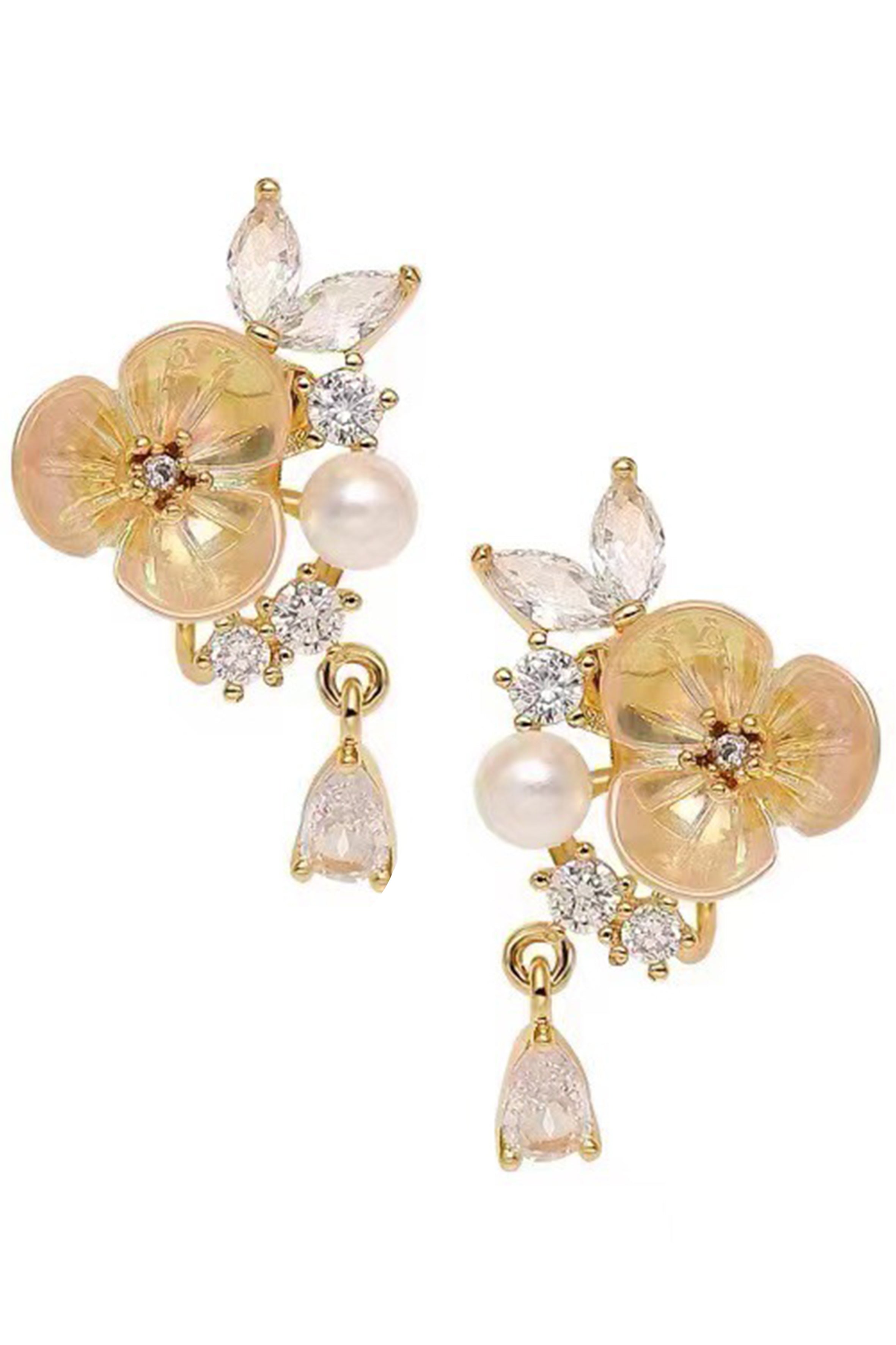 Pendientes de clip con circonitas cúbicas y diseño floral E7794