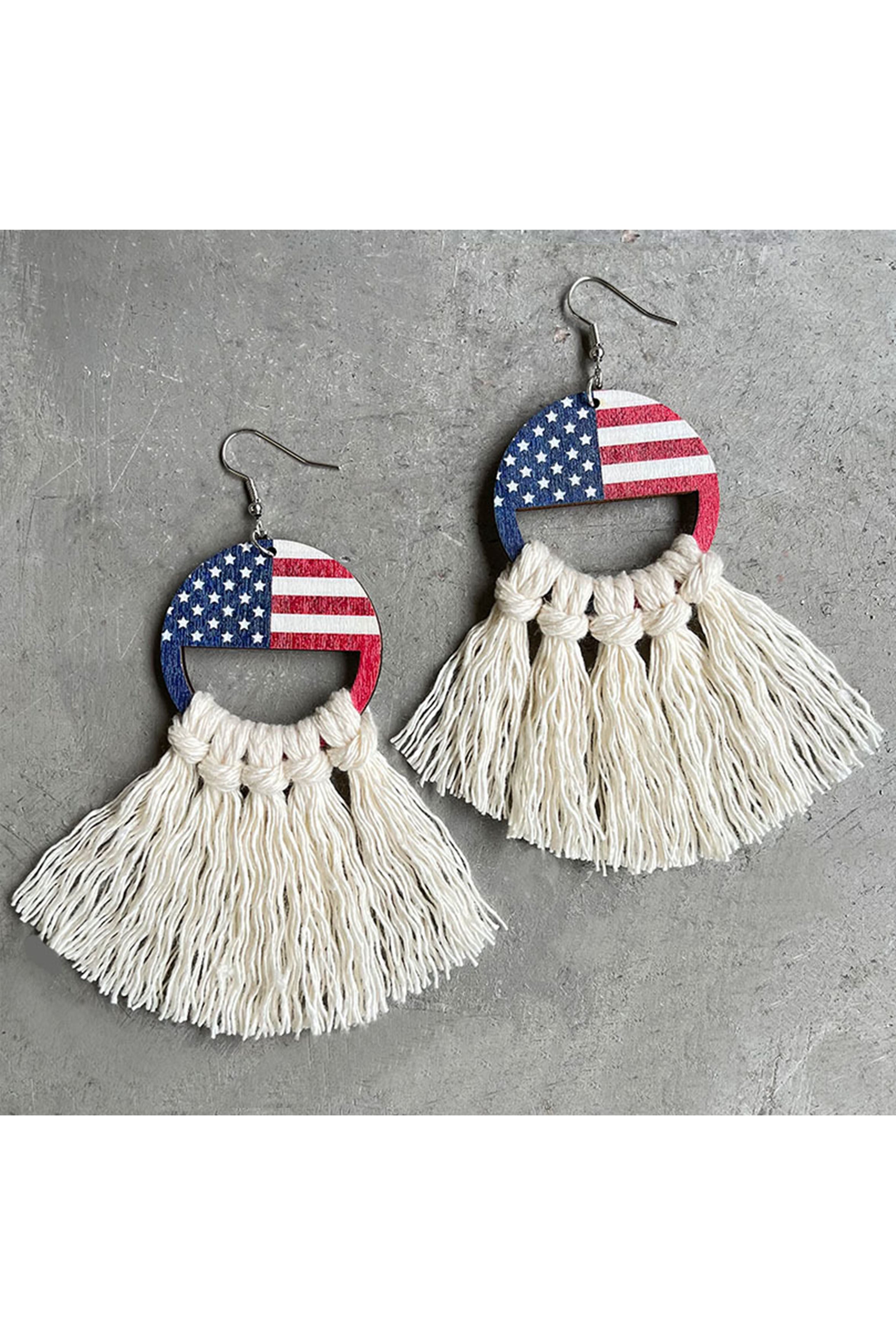 Circle American Flag Wooden Tassel Earrings E7841