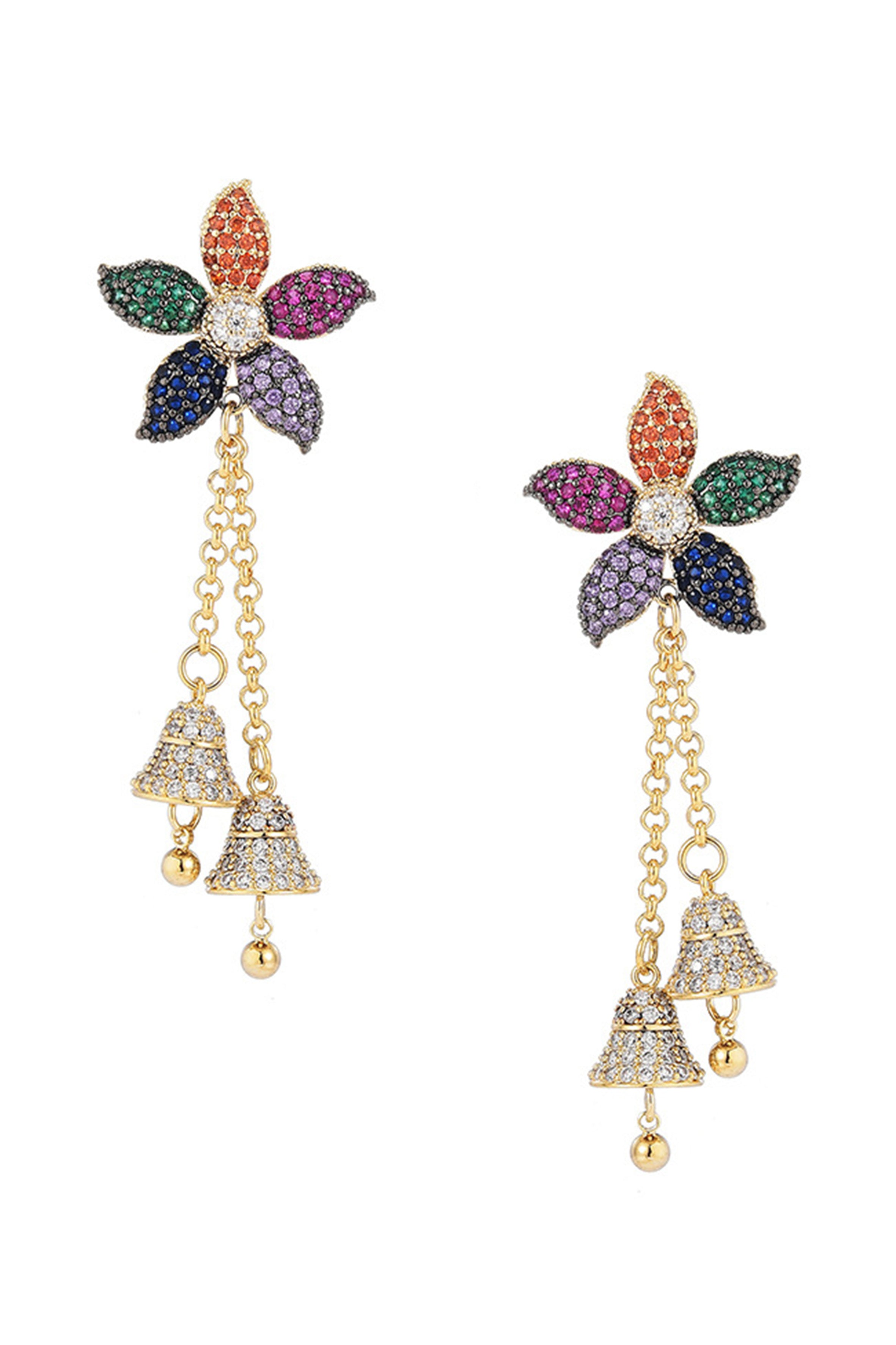 Pendientes de circonita cúbica con borlas y flores en forma de campana E7925