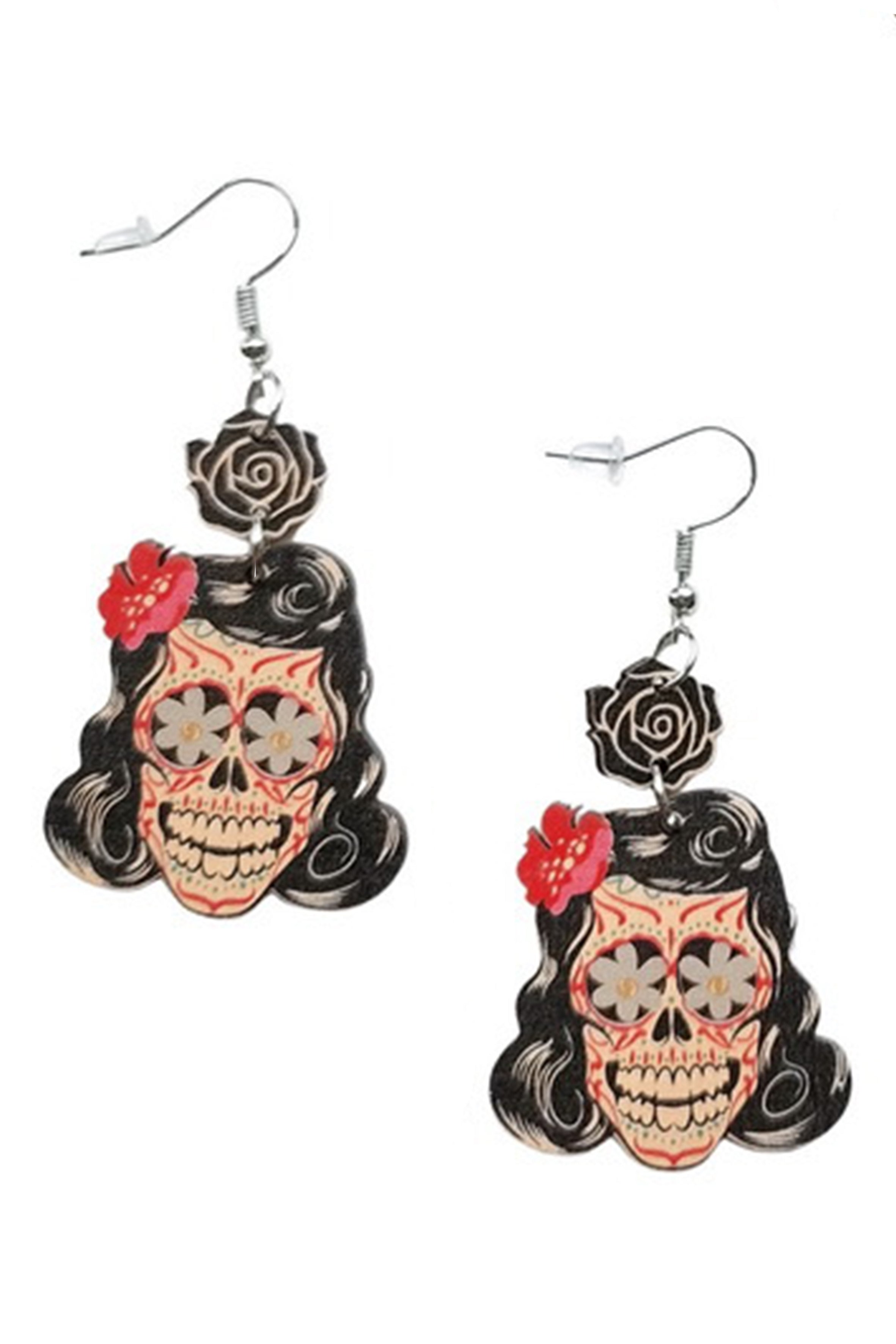 Floral Skull Woman Wooden Earrings E8283