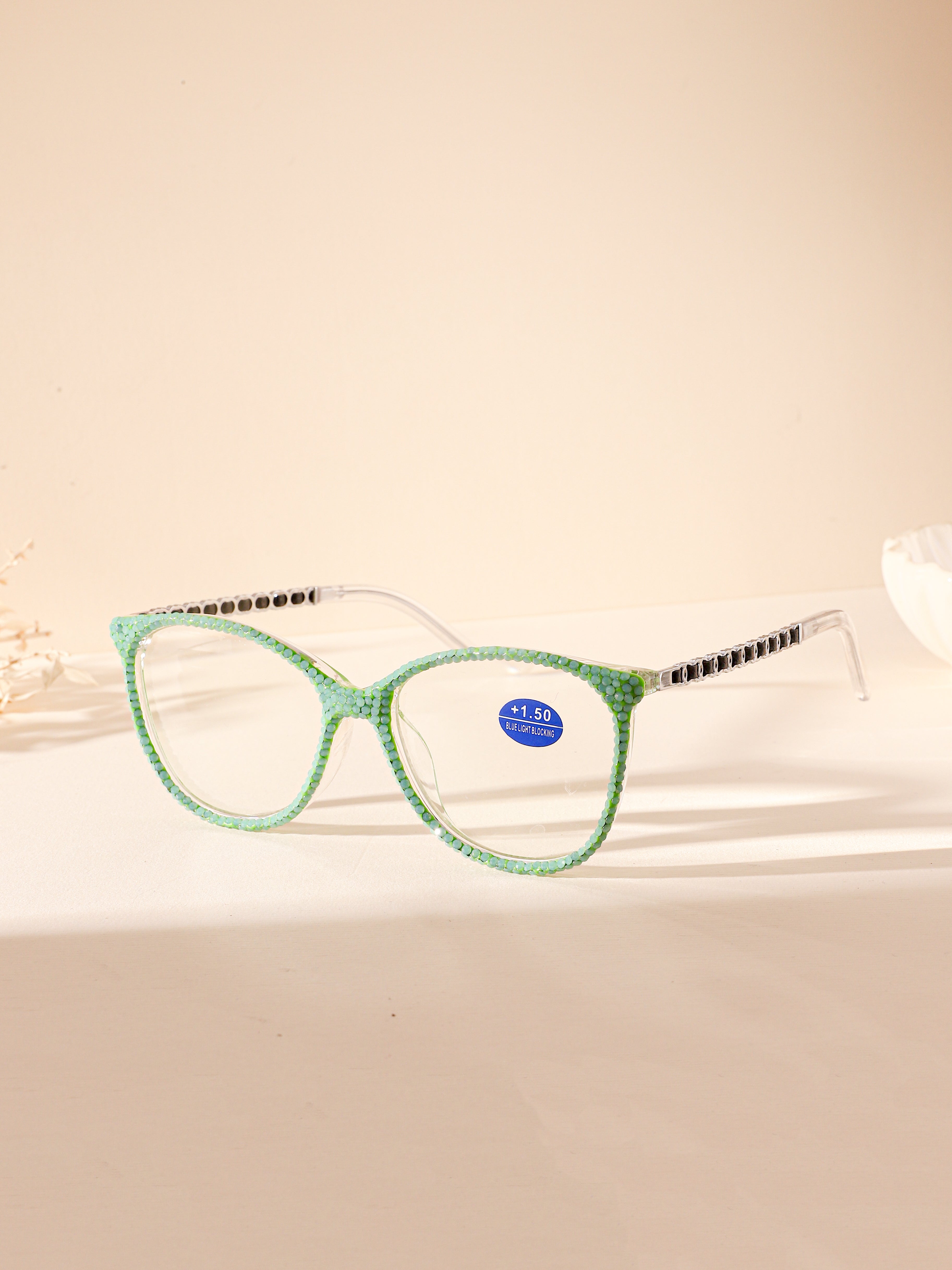 Handmade  Rhinestone Rectangle Reader Glasses G0571-Green