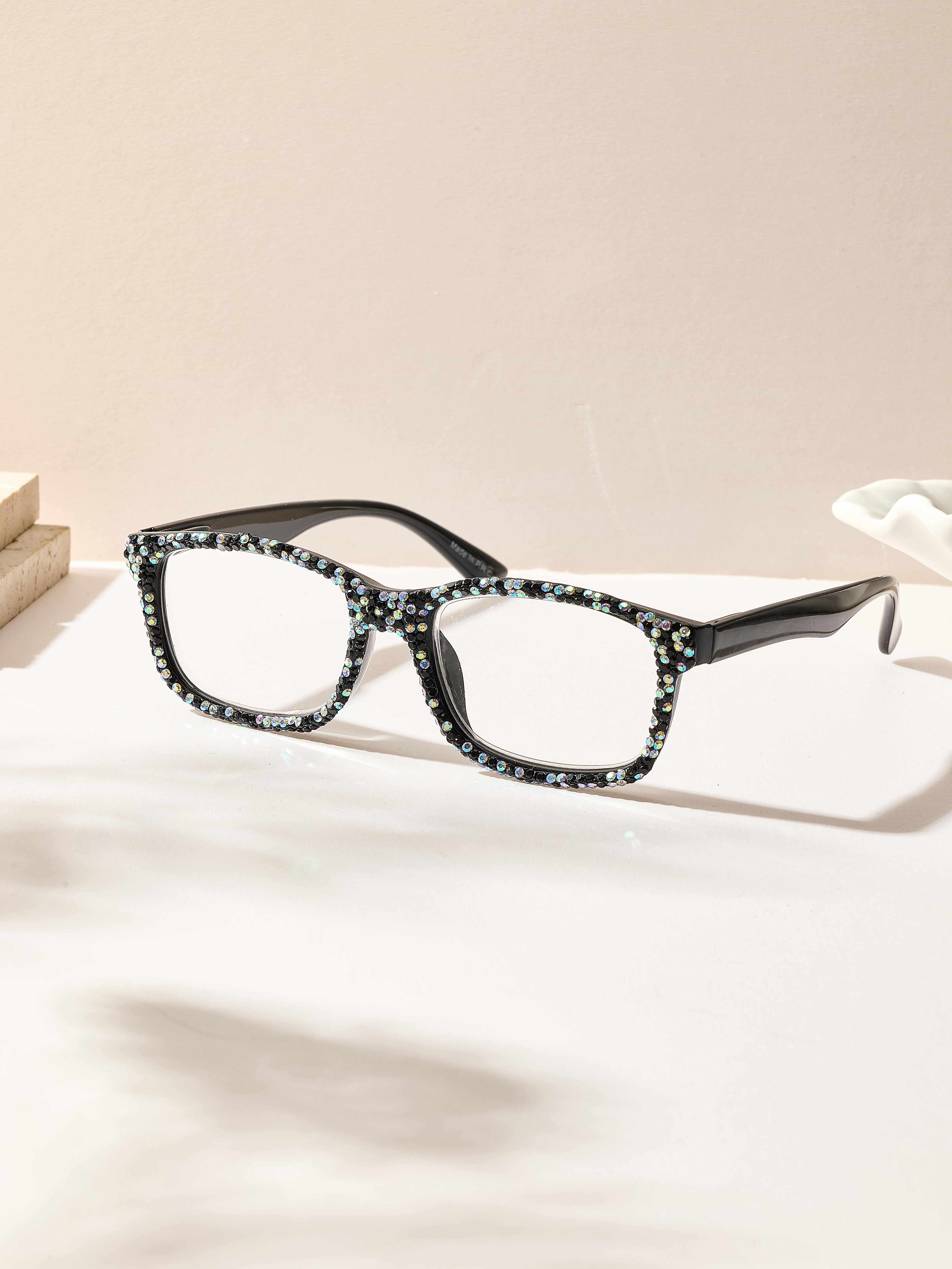 Handmade Rhinestone Rectangle Reader Glasses G0575-Black-AB
