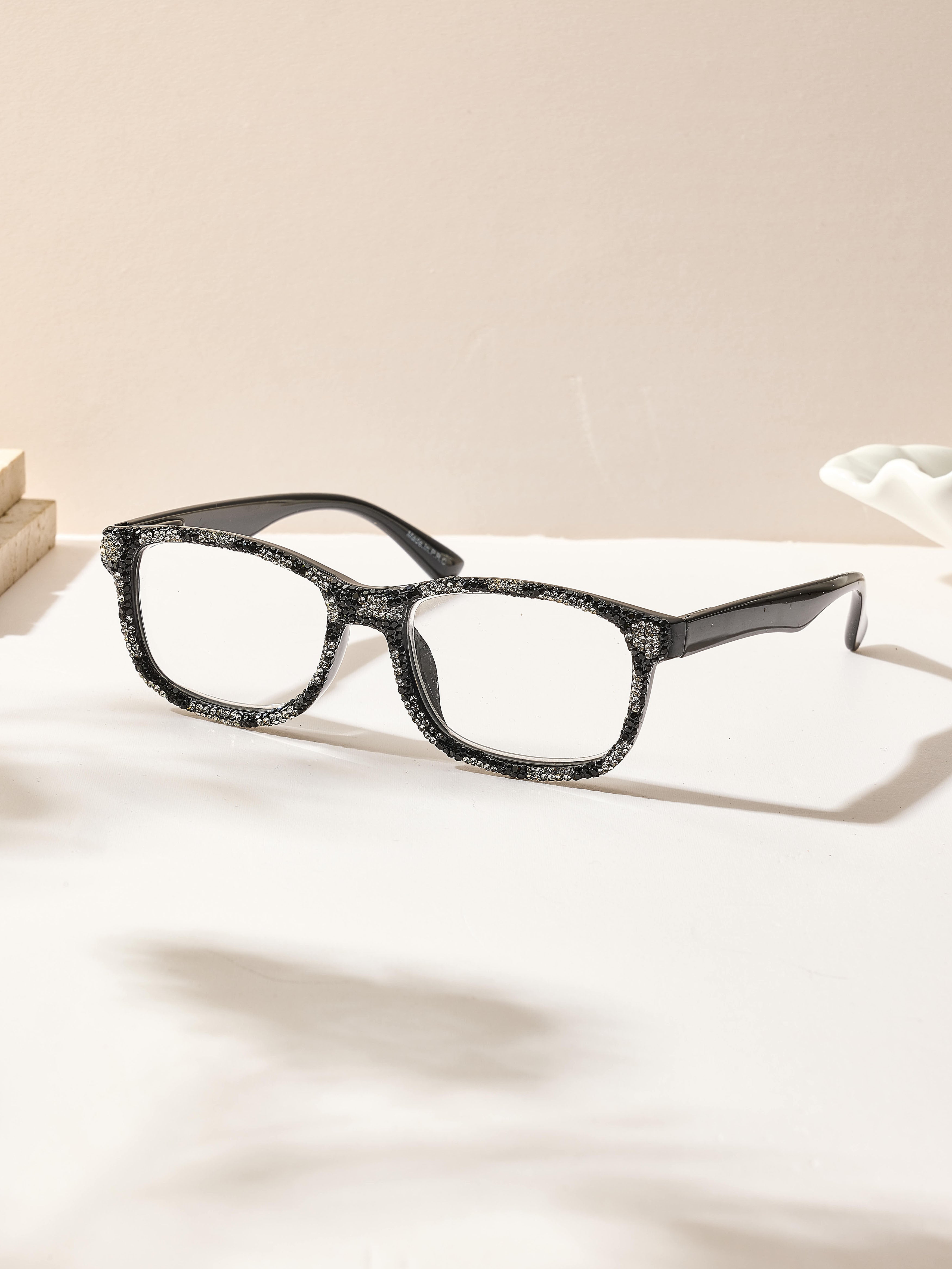Handmade Rhinestone Rectangle Reader Glasses G0576-Black-White