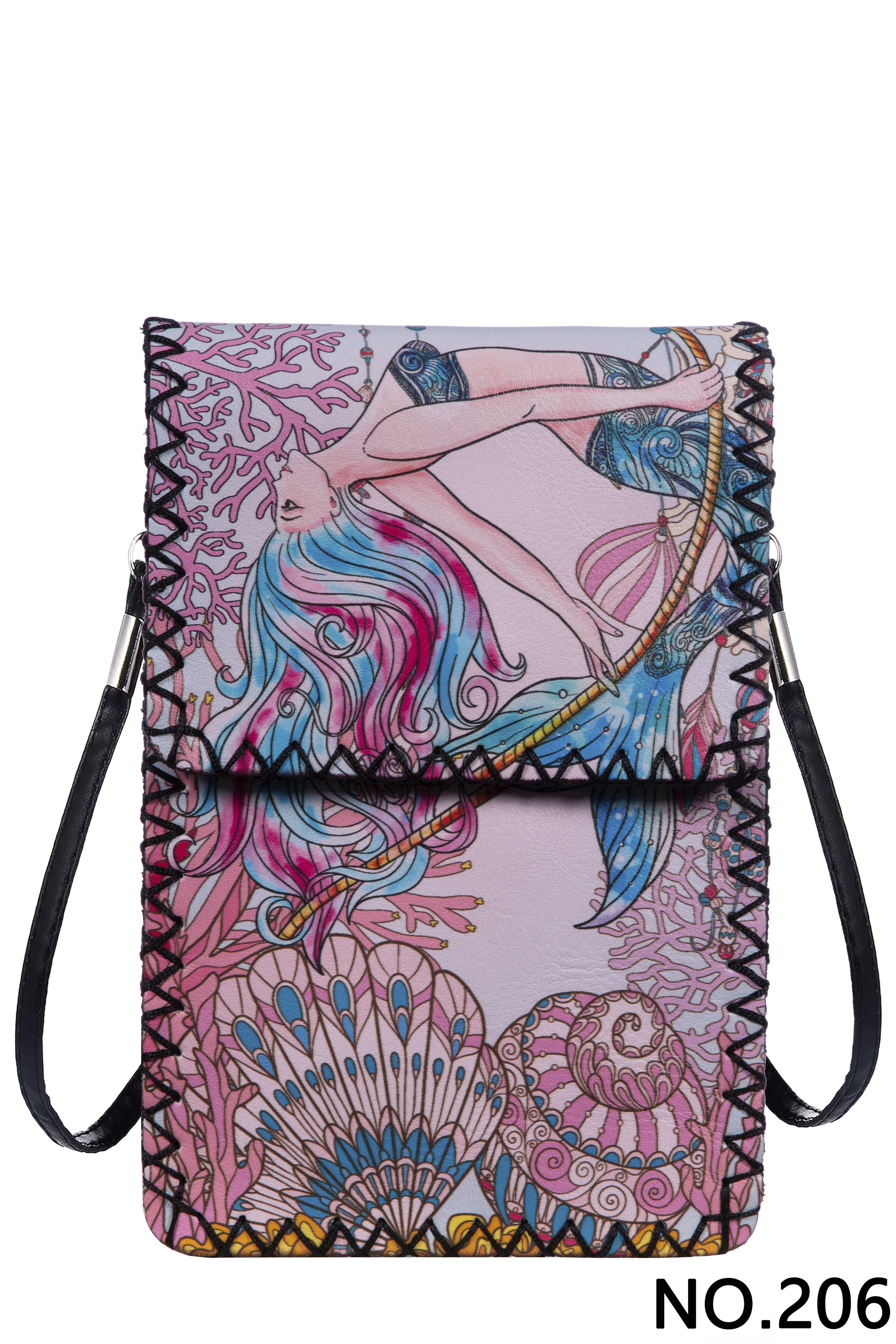 Bolso bandolera con estampado de sirena y puntadas a mano HB0580-NO.206