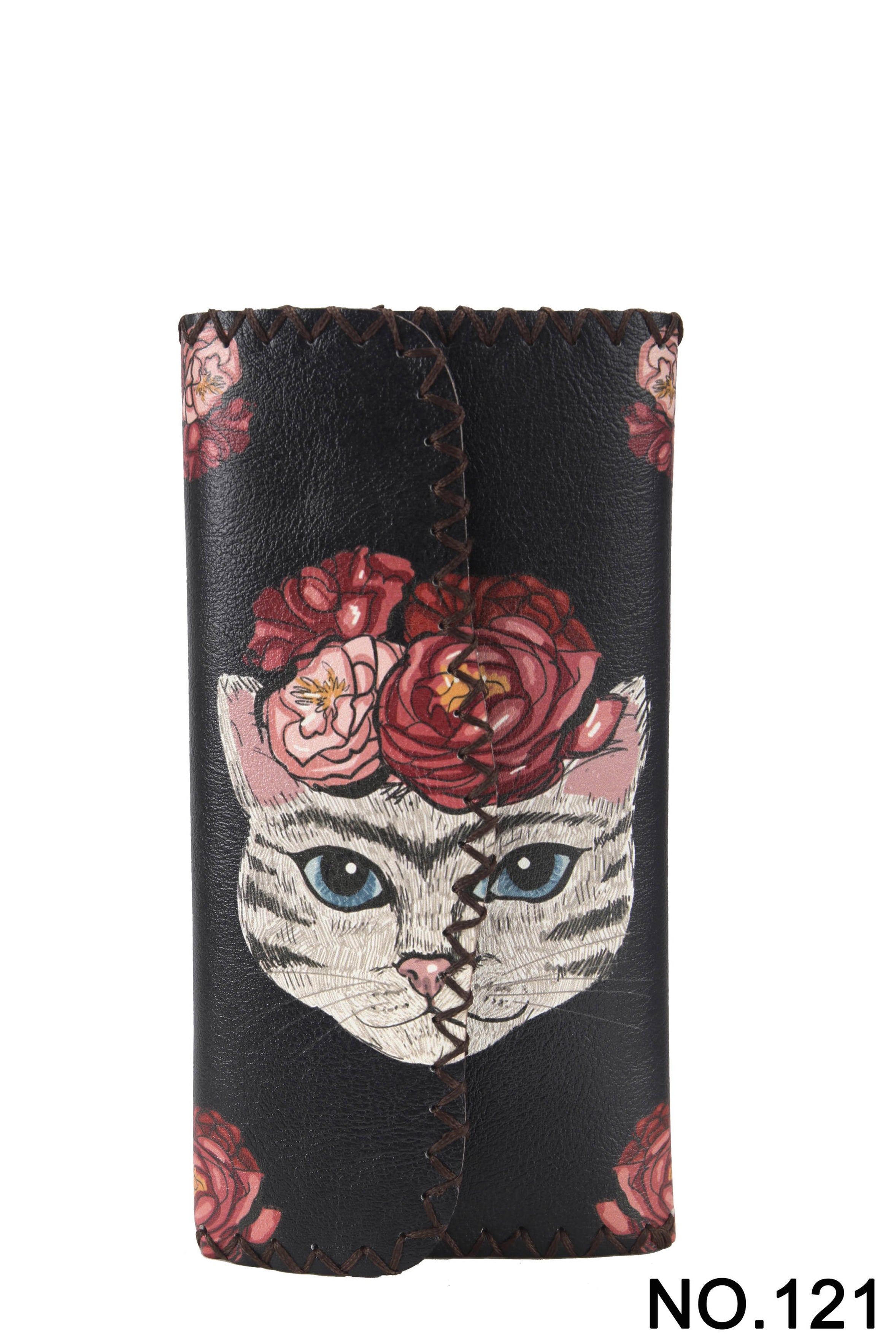 Floral Cat Print Hand Stitch Wallet HB0582 - NO.121BK