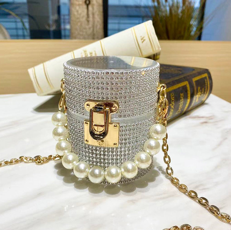 Bolsa cilíndrica de acrílico con diamantes de imitación HB1481