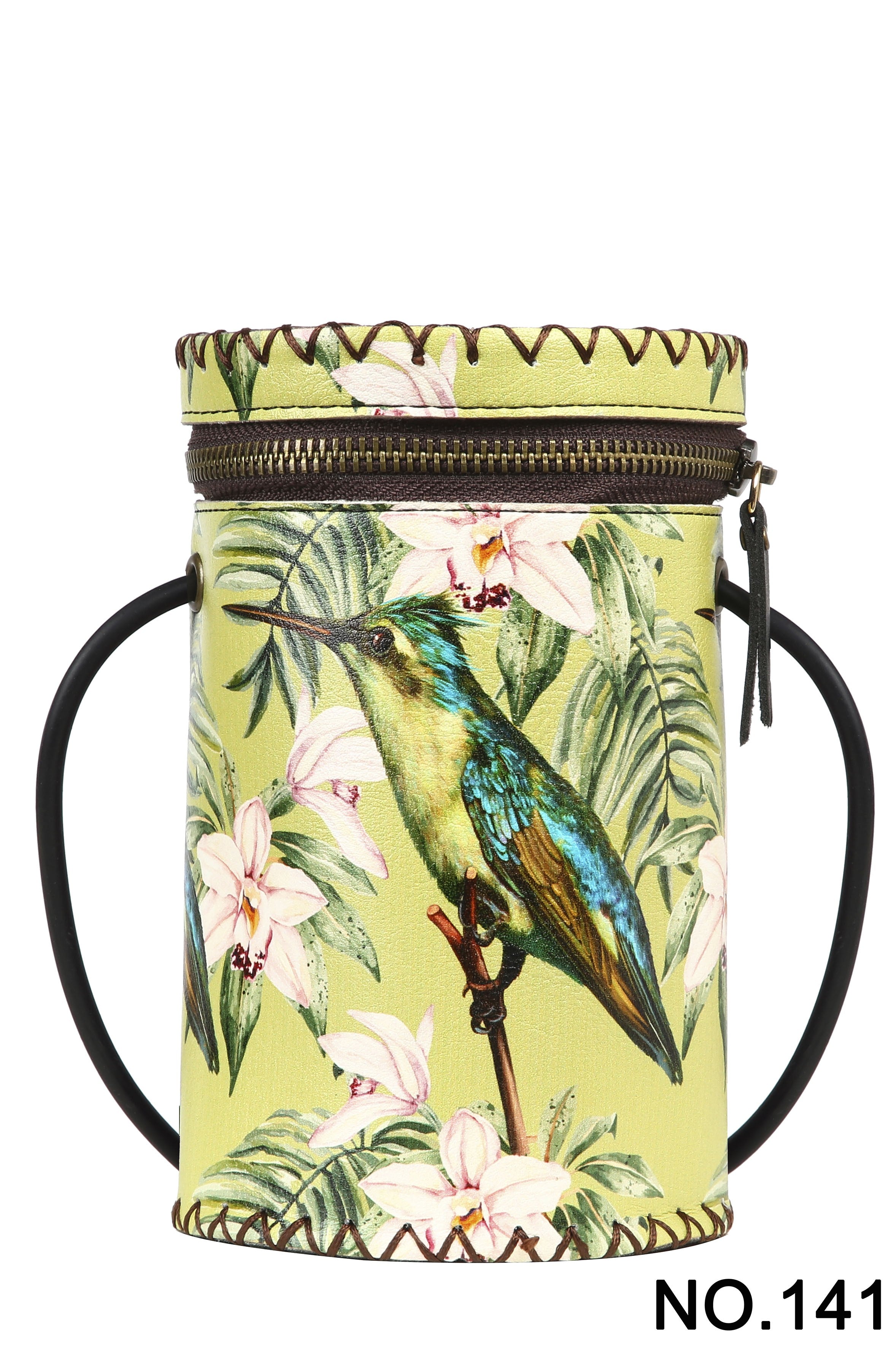 Bolso cilíndrico de piel con estampado de pájaro carpintero floral