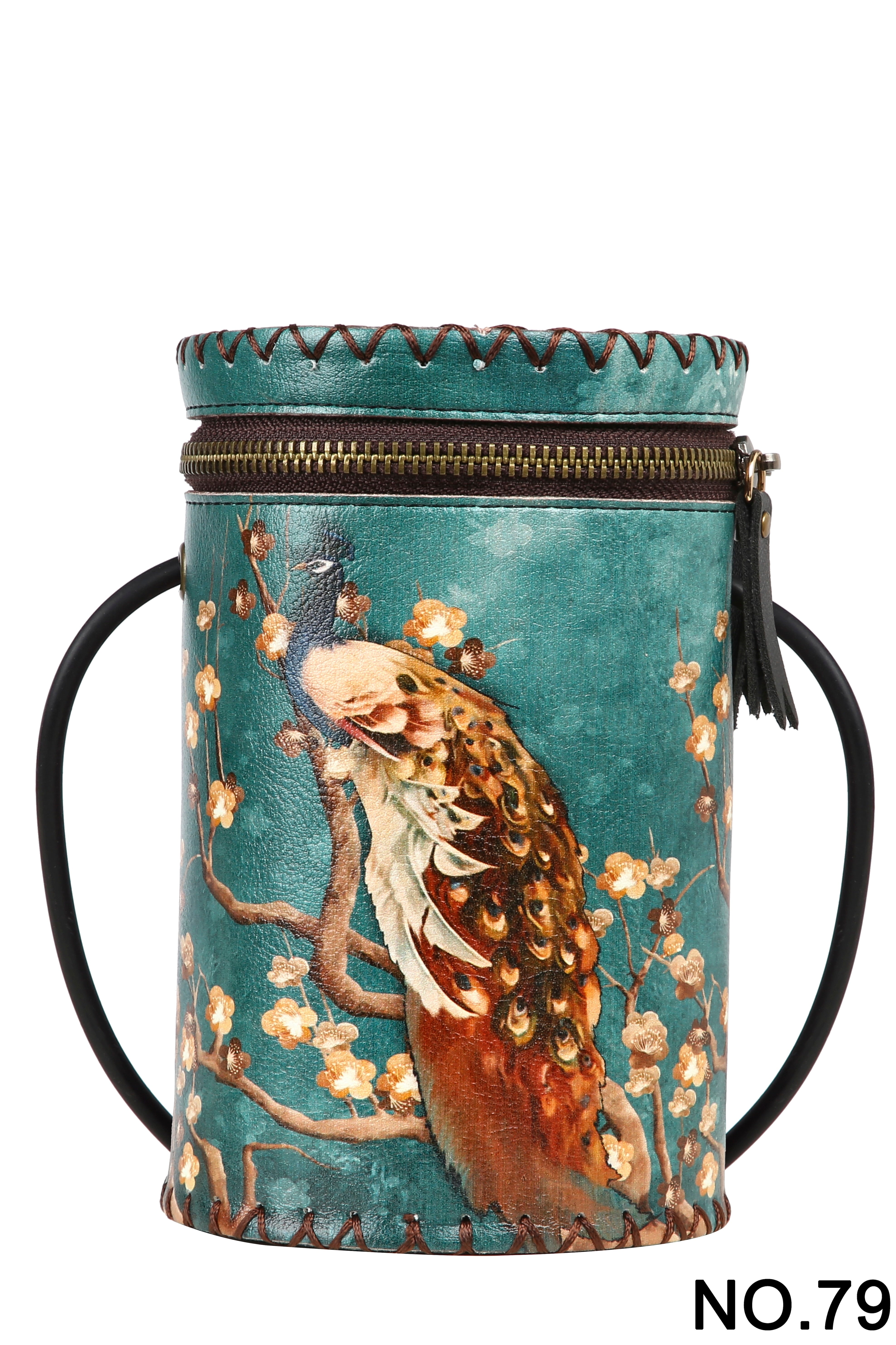 Bolso cilíndrico de piel con estampado de pavo real HB1622