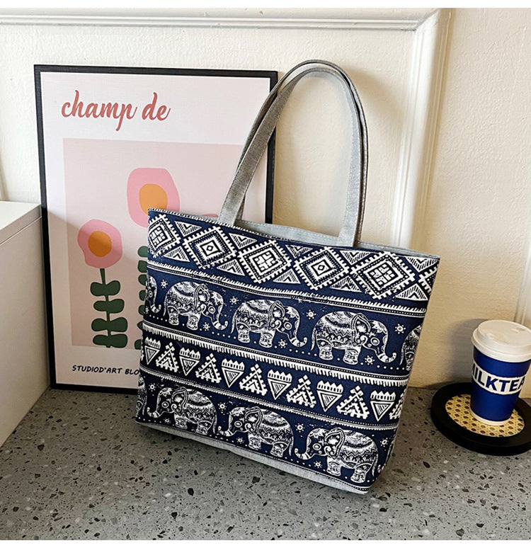 Elephant Rhombus Printed Canvas Tote Bag HB2049