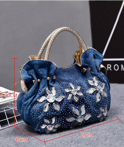 Bolso tote de mezclilla con diamantes de imitación y flores HB2315
