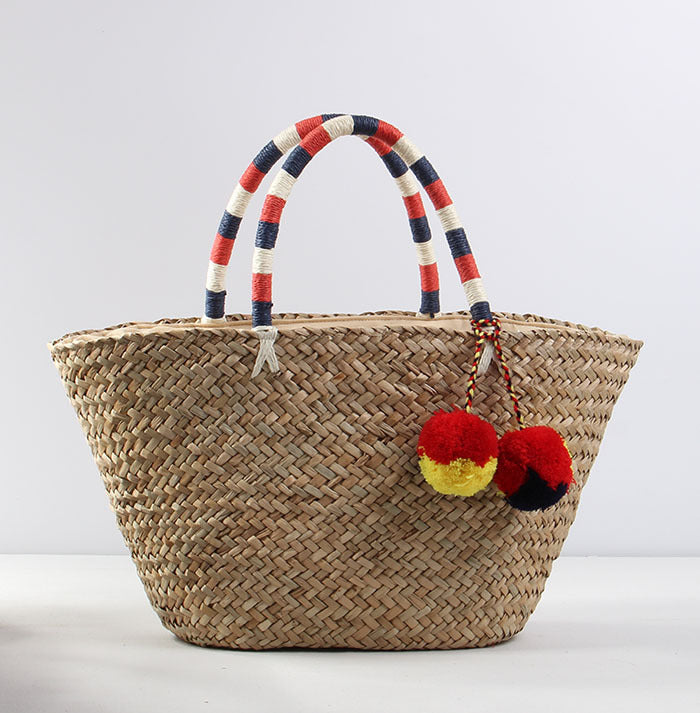 Bolso de playa de paja con pompones HB2370
