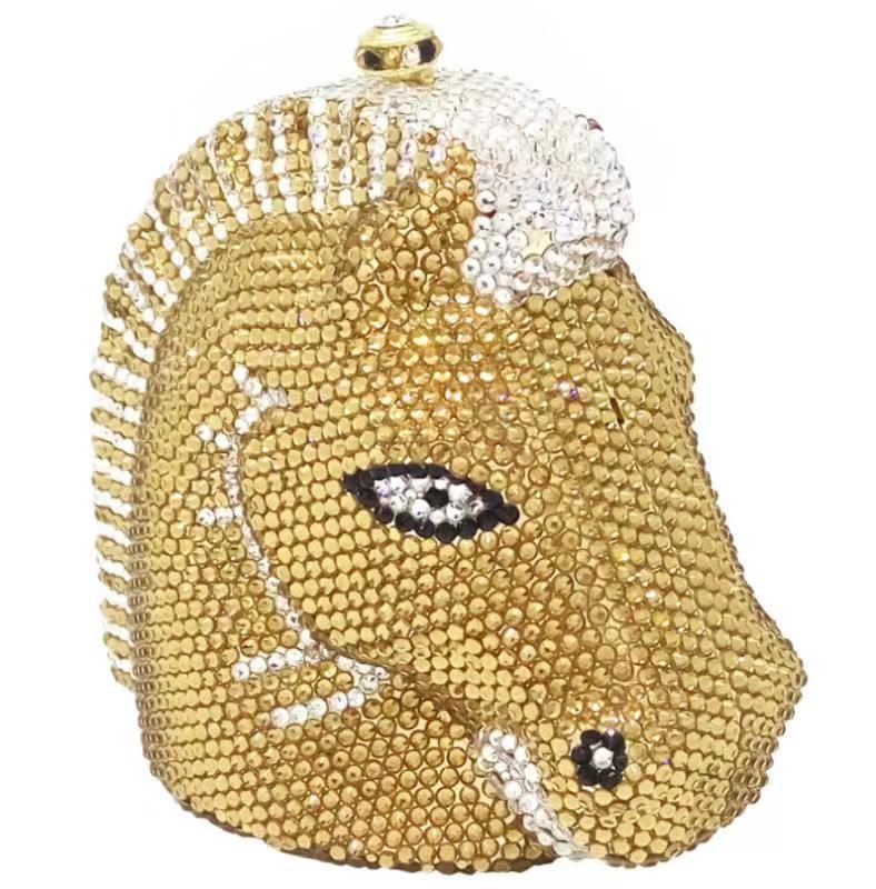 Bolso de noche con cabeza de caballo dorada y diamantes de imitación HB2431