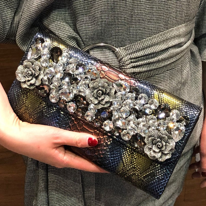 2024 Multicolored crystal rhinestone clutch, Snowflake pattern crystal rhinestone cluch, Evening clutch, Party clutch