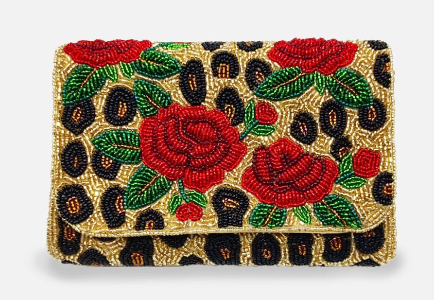 Rose Leopard Beaded Rectangular Mini Clutch LAC-SS-938