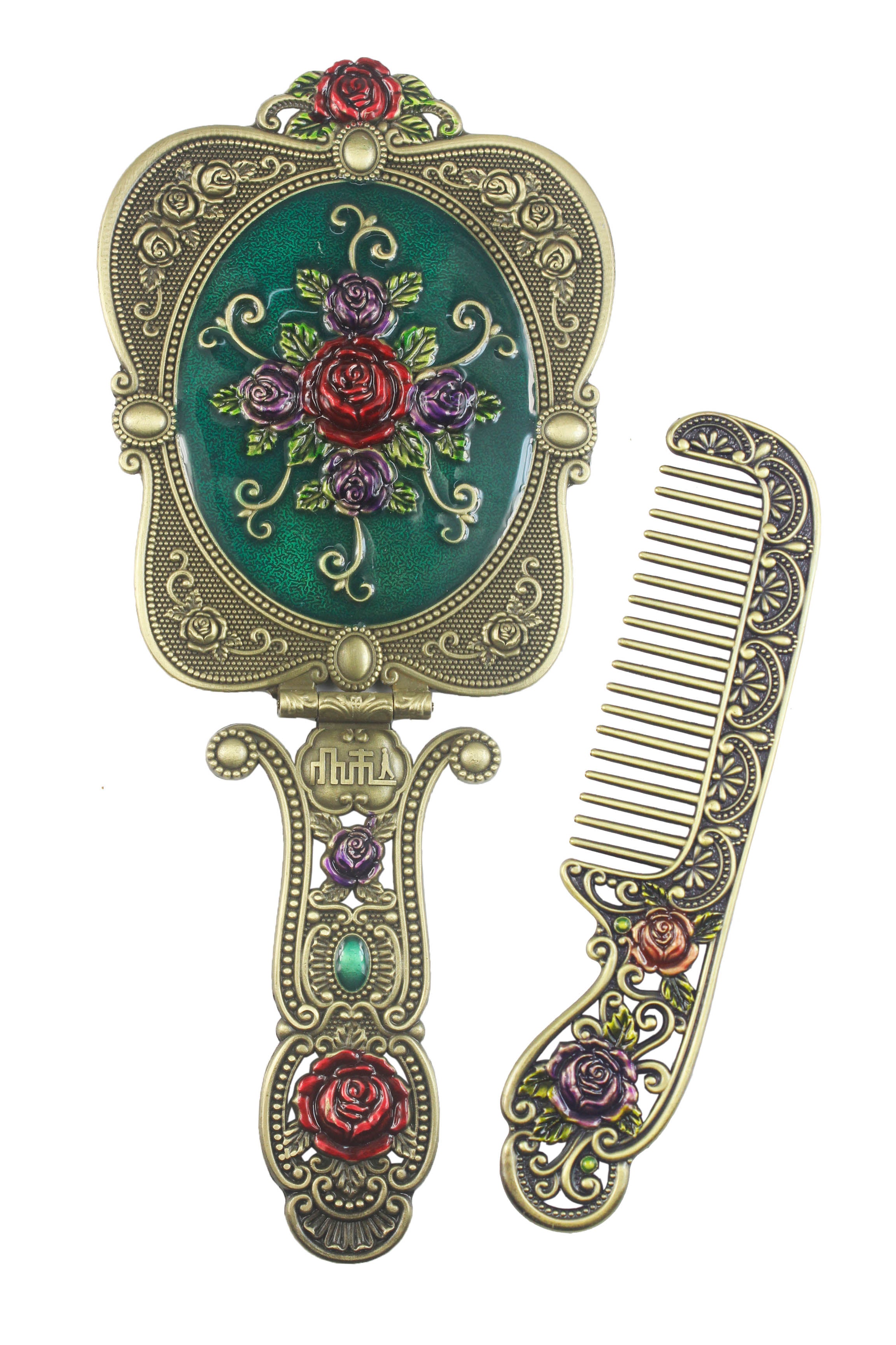 Espejo y peine vintage de metal rosa de gran tamaño M0393