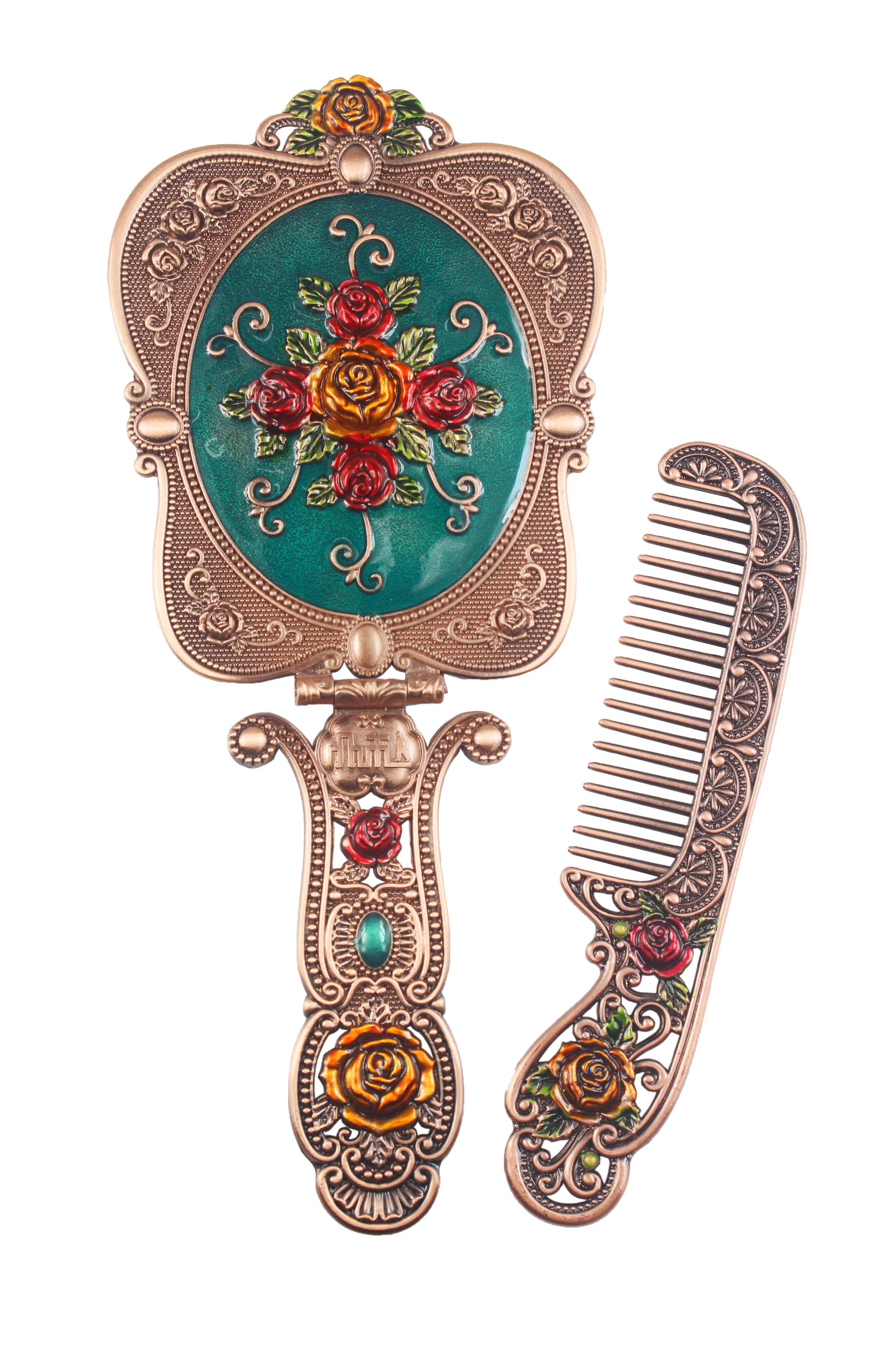 Espejo y peine vintage de metal rosa de gran tamaño M0393