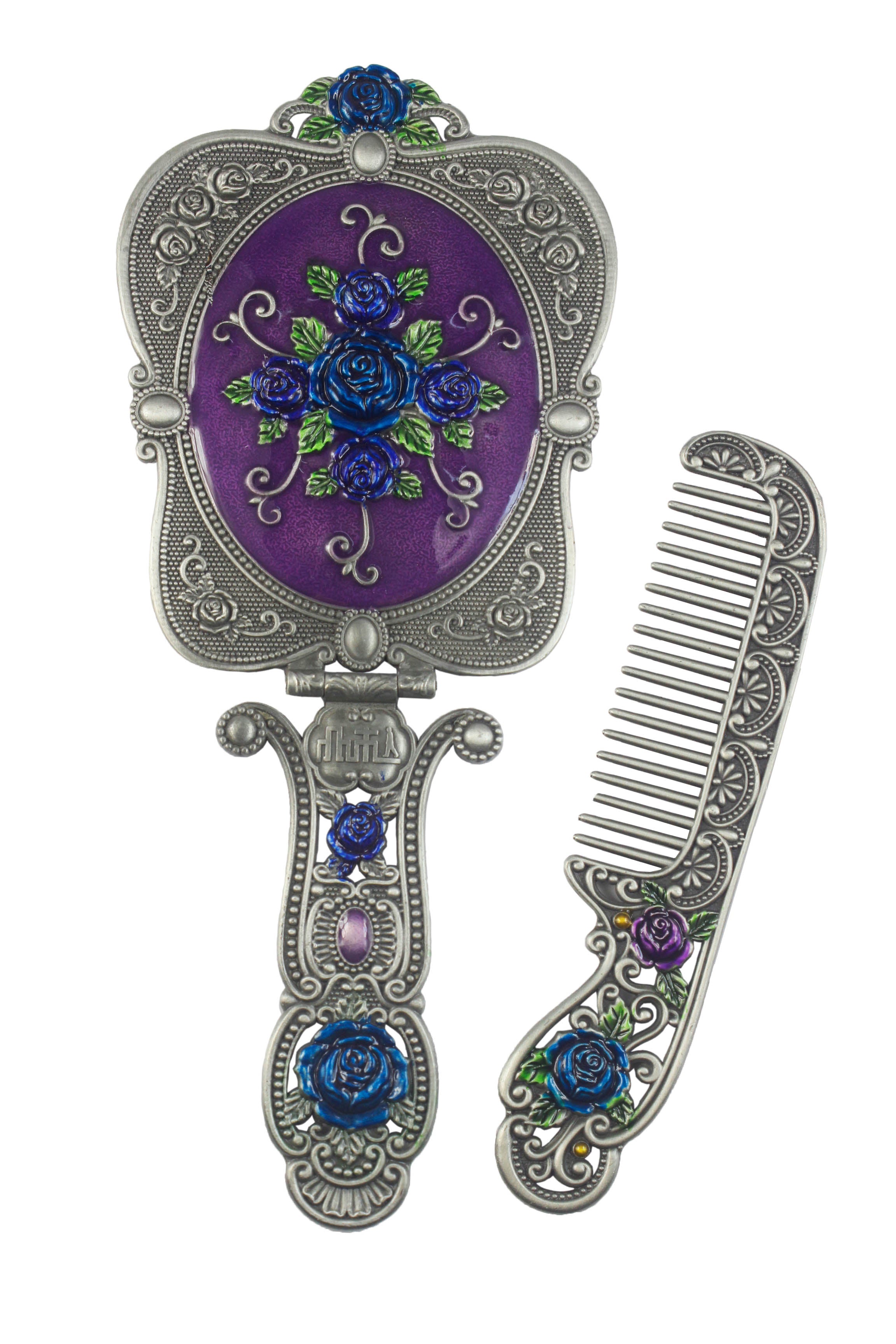 Espejo y peine vintage de metal rosa de gran tamaño M0393