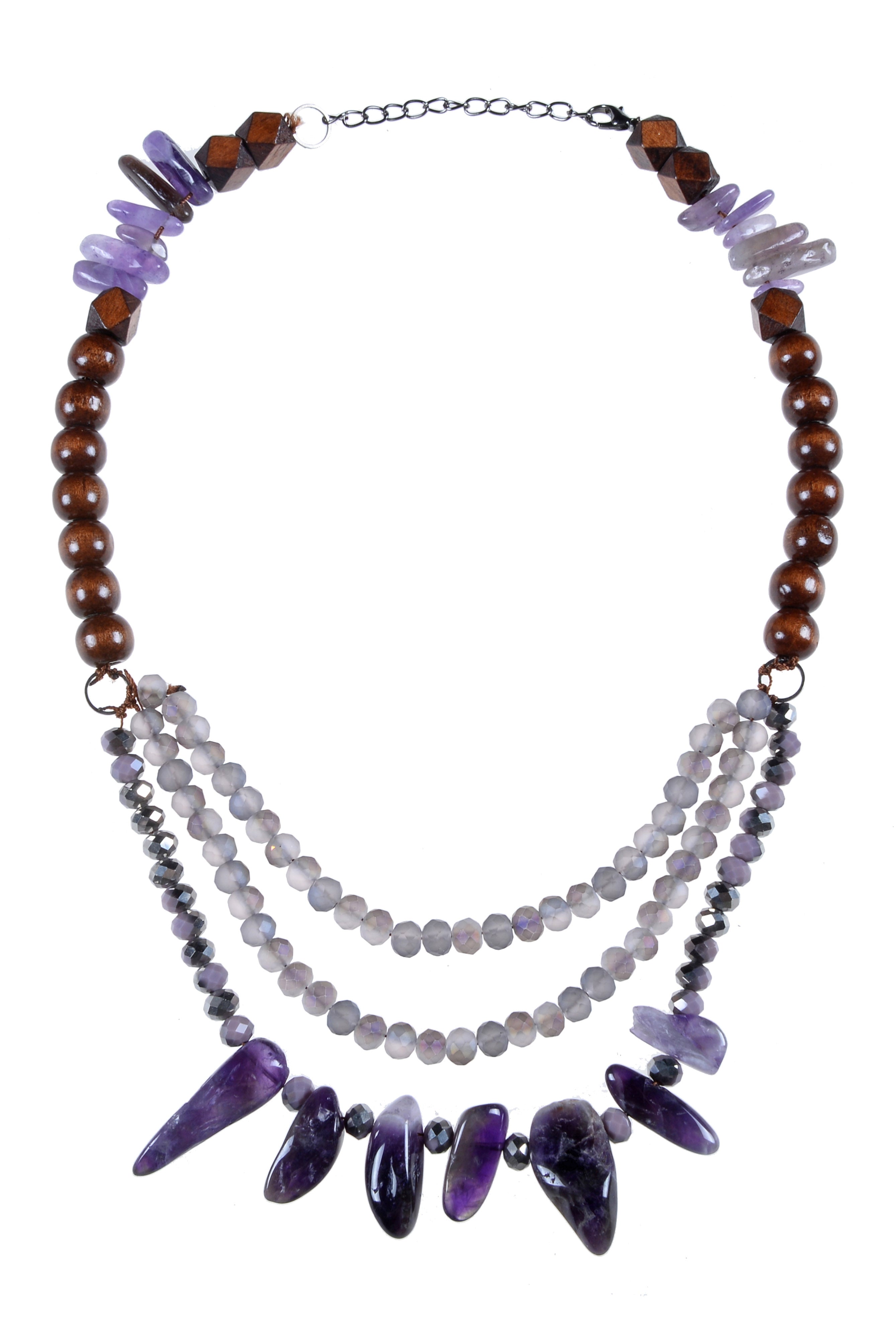 Collar de cuentas de madera de cristal con piedra de grava morada N3030