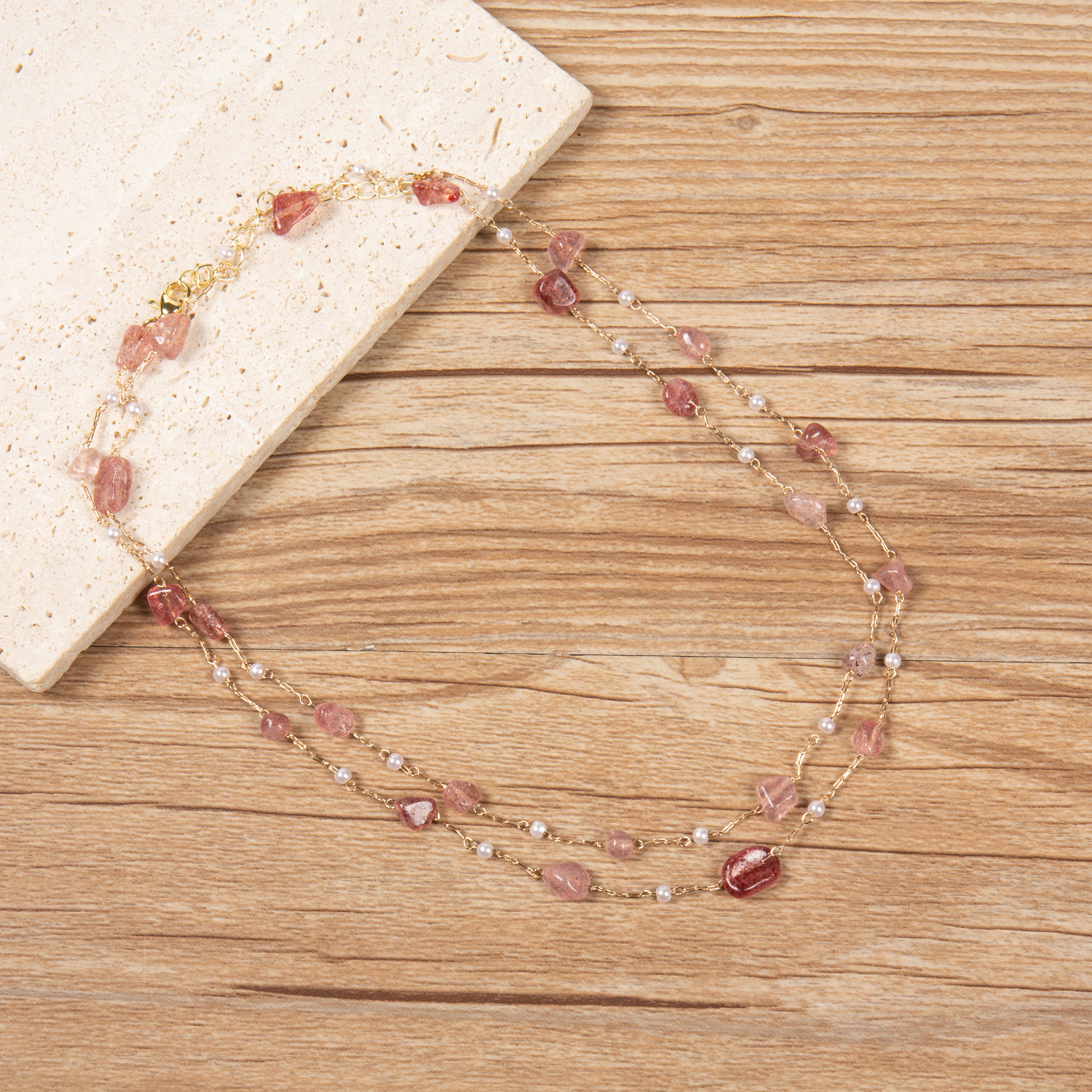 Natural Stone Pearl Chain Necklace N4377-78CM-Strawberry Quartz