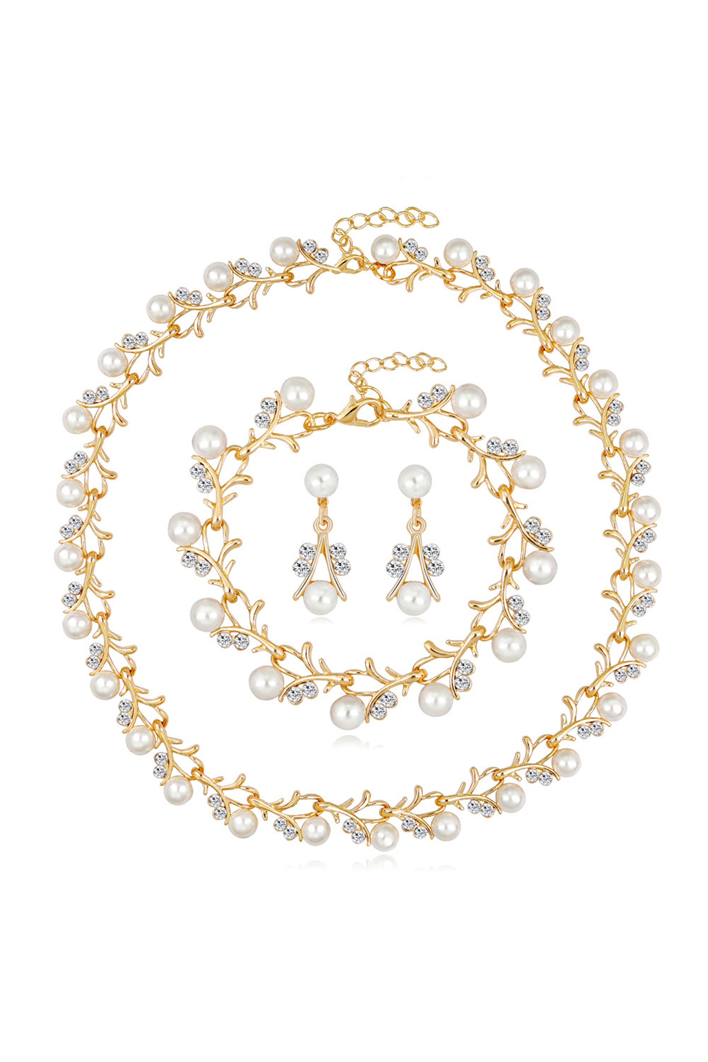 Floral Pearl Rhinestone Earrings Bracelet Necklace Set N4758