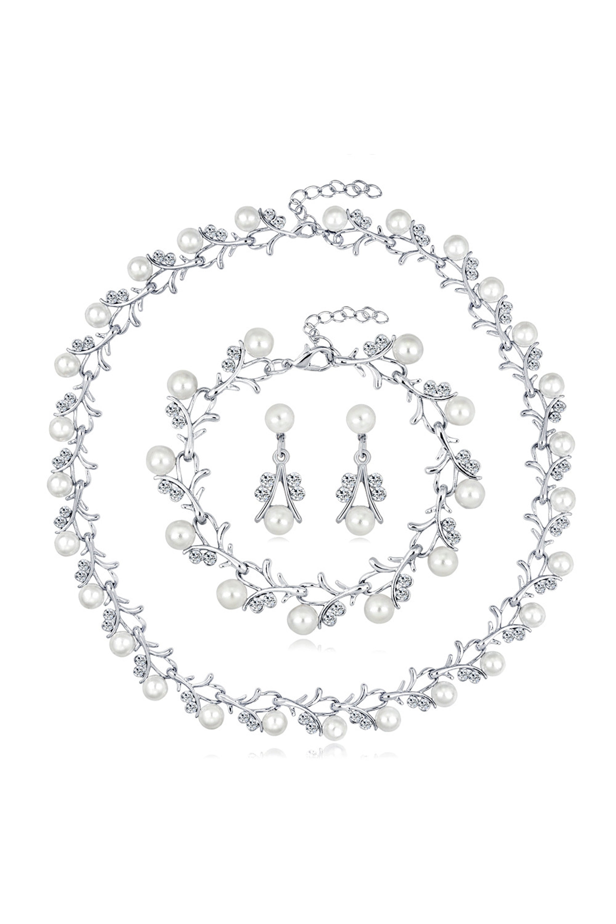 Floral Pearl Rhinestone Earrings Bracelet Necklace Set N4758