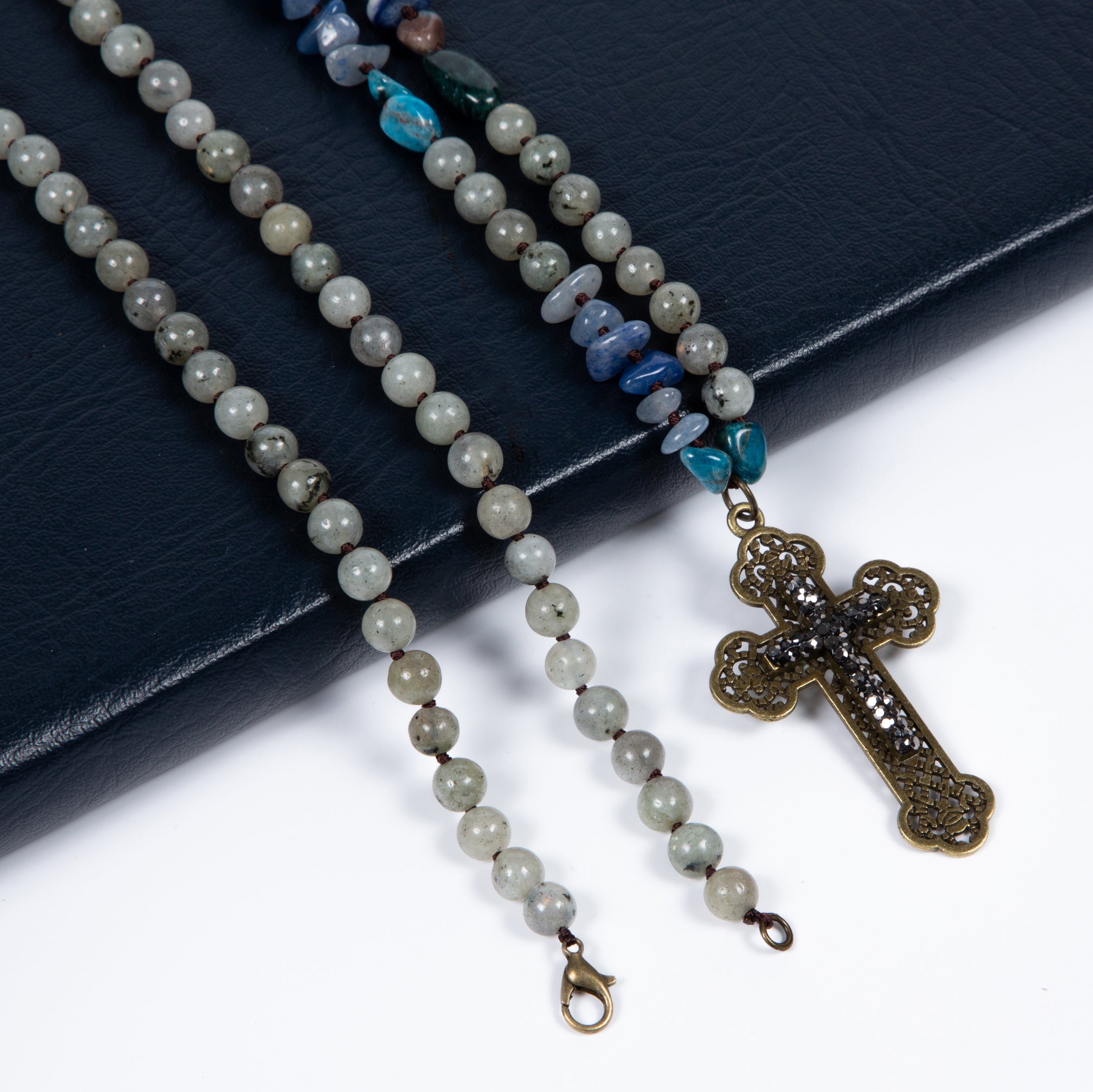 Handmade Braided Cross Pendant Black Labradorite Necklace N5478