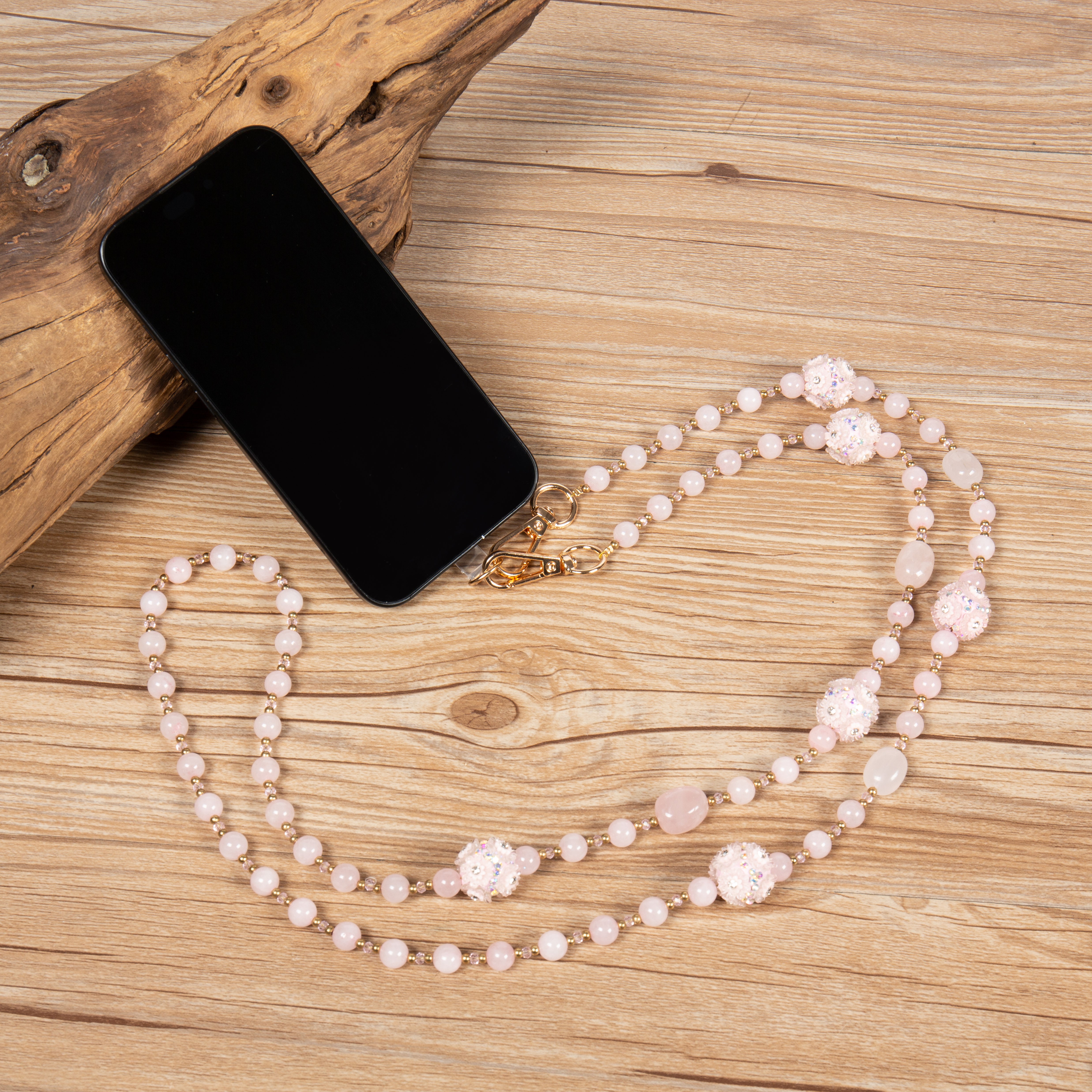 Rose Quartz Floral Bead Crossbody Lanyard PC5651