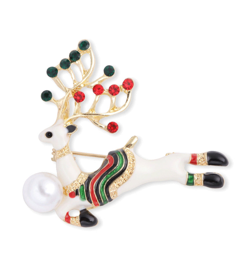 Christmas Elk Rhinestone Pearl Brooch PA3719
