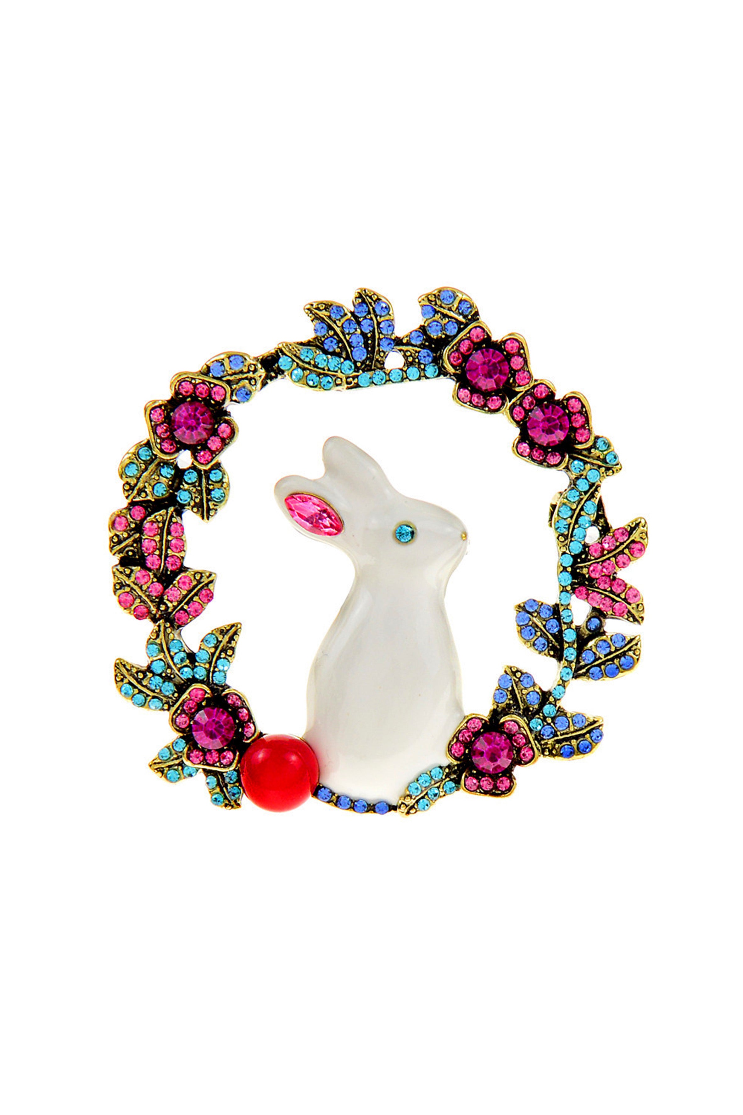 Rhinestone Floral Rabbit Brooch PA4471