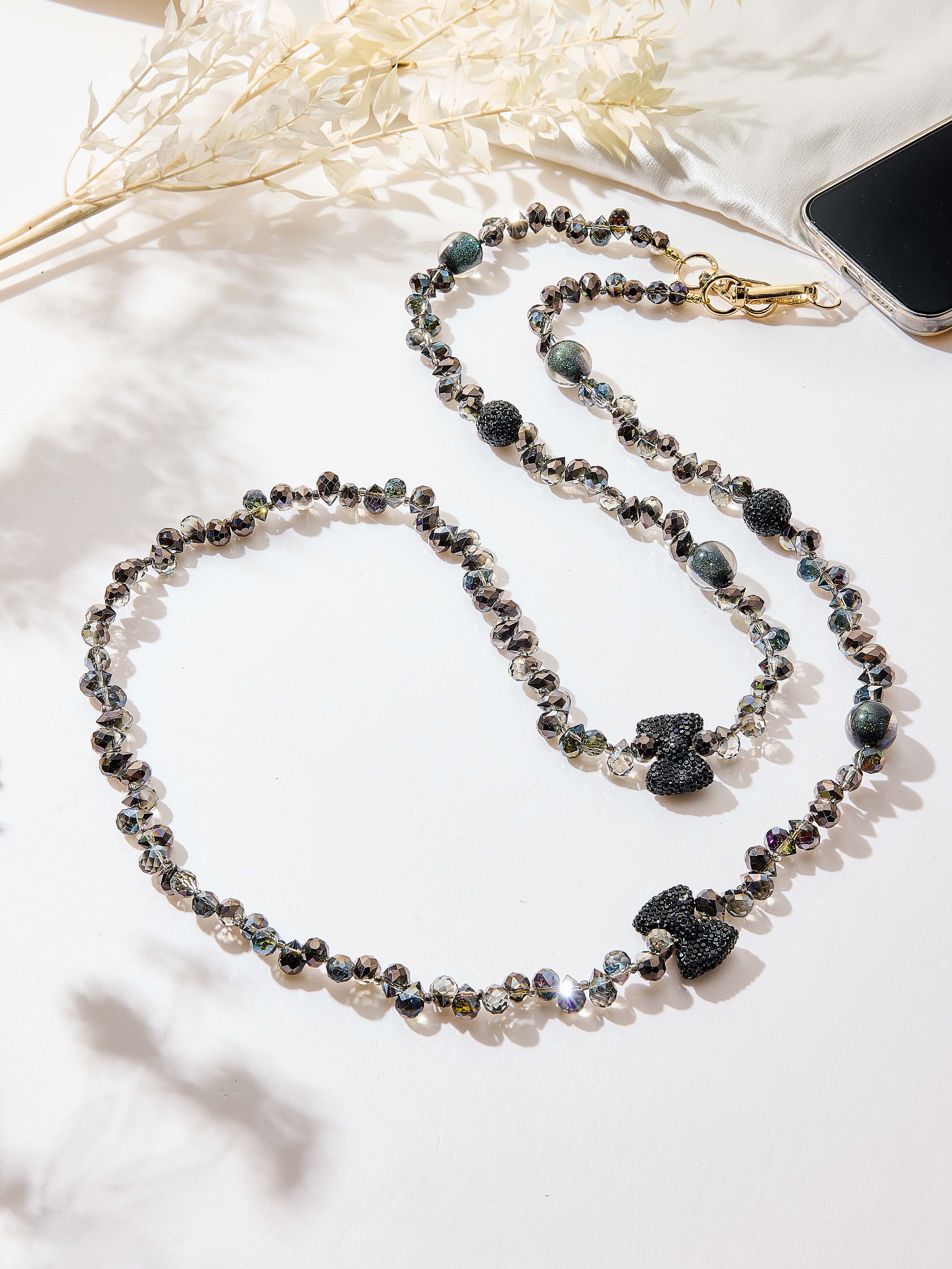 Black Bow Beaded Crystal Crossbody Lanyard PC5629