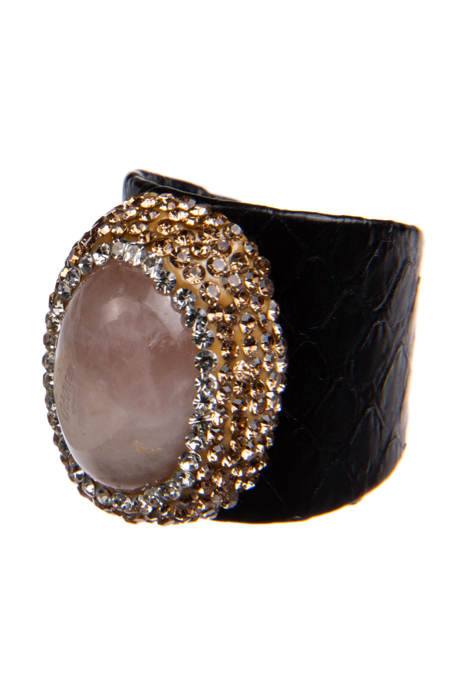Rose Quartz With Rhinestone Metal Leather Rings R2587
