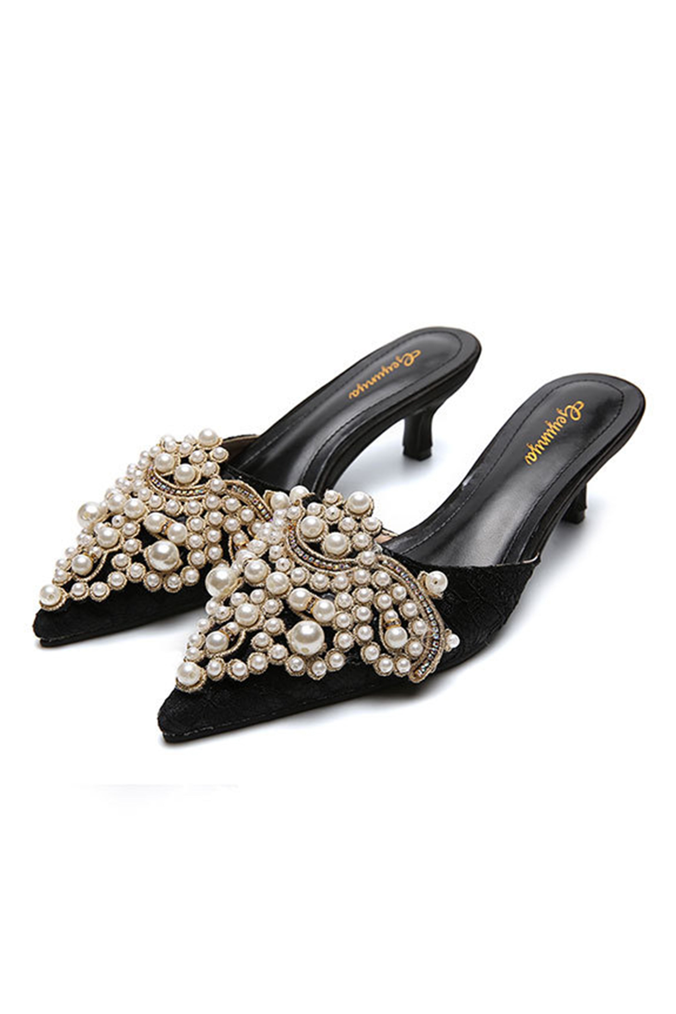 Zapatillas planas con encaje y cuentas de perlas SH0036 