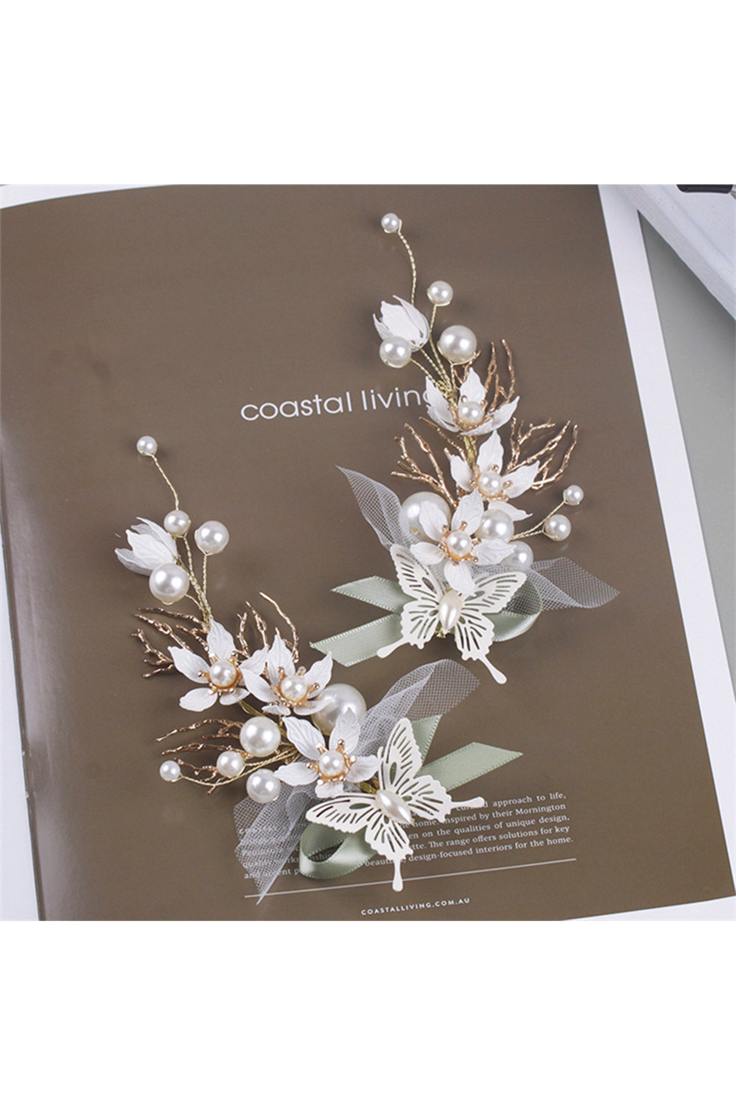 Juego de pinzas para el cabello hechas a mano con flores y perlas L2827